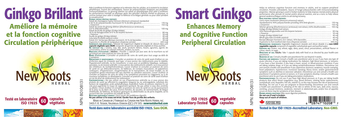 New Roots Herbal Smart Ginkgo Biloba, Phosphatidylserine Capsules, 60 Pack