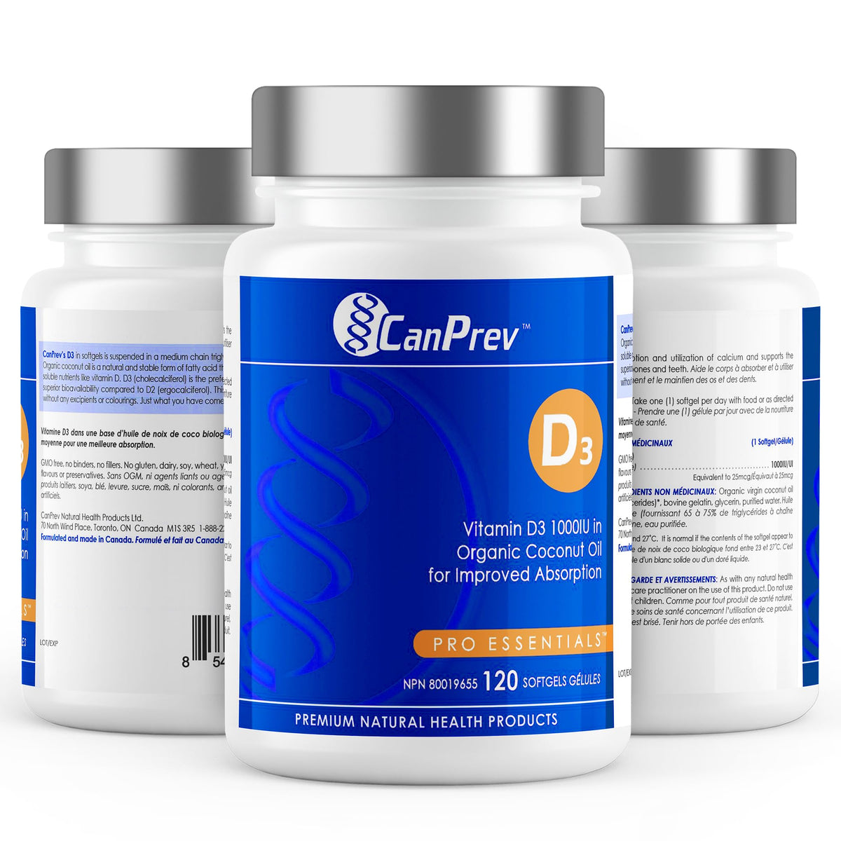 CanPrev Vitamin D3 1000 IU Softgels, Organic Virgin Coconut Oil, 120 Count