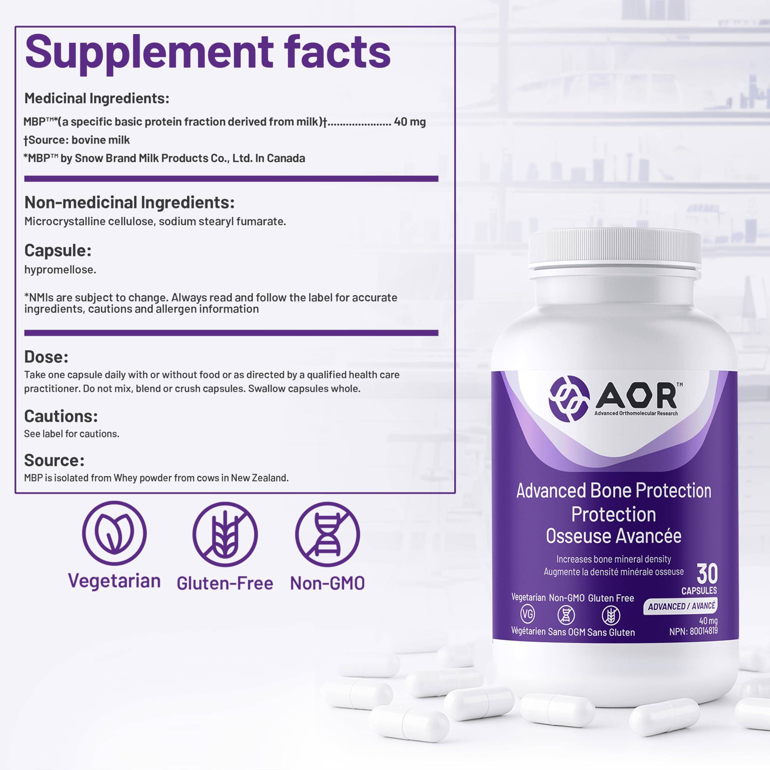 AOR Advanced Bone Protection 40mg, 30 capsules, cure de 30 jours, complément de soutien osseux, végétarien, sans OGM, sans gluten, favorise la densité minérale osseuse et la résistance, soutien du collagène pour des os sains