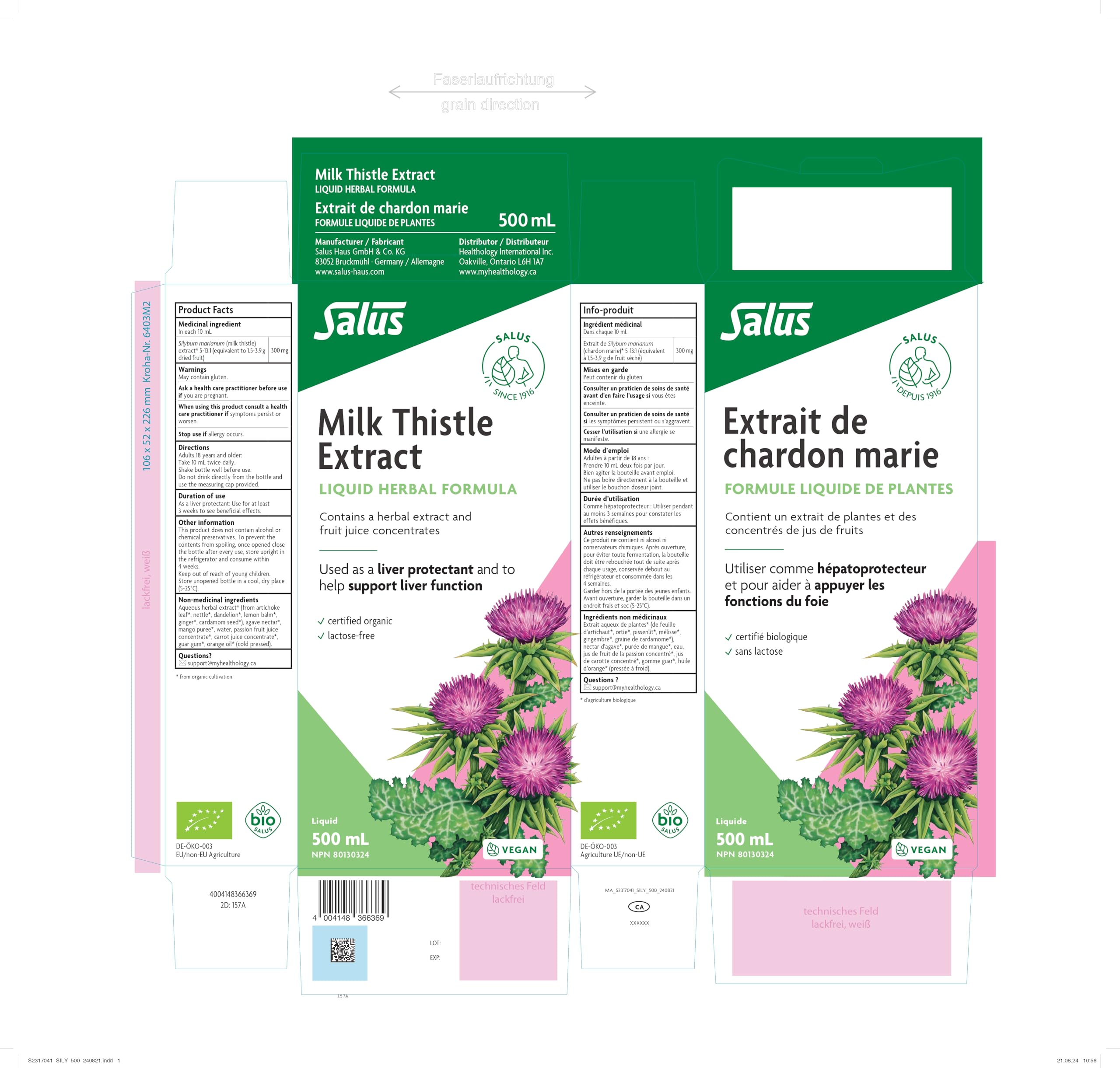 Extrait de chardon-marie Salus pour la santé du foie, certifié biologique (500 ml)