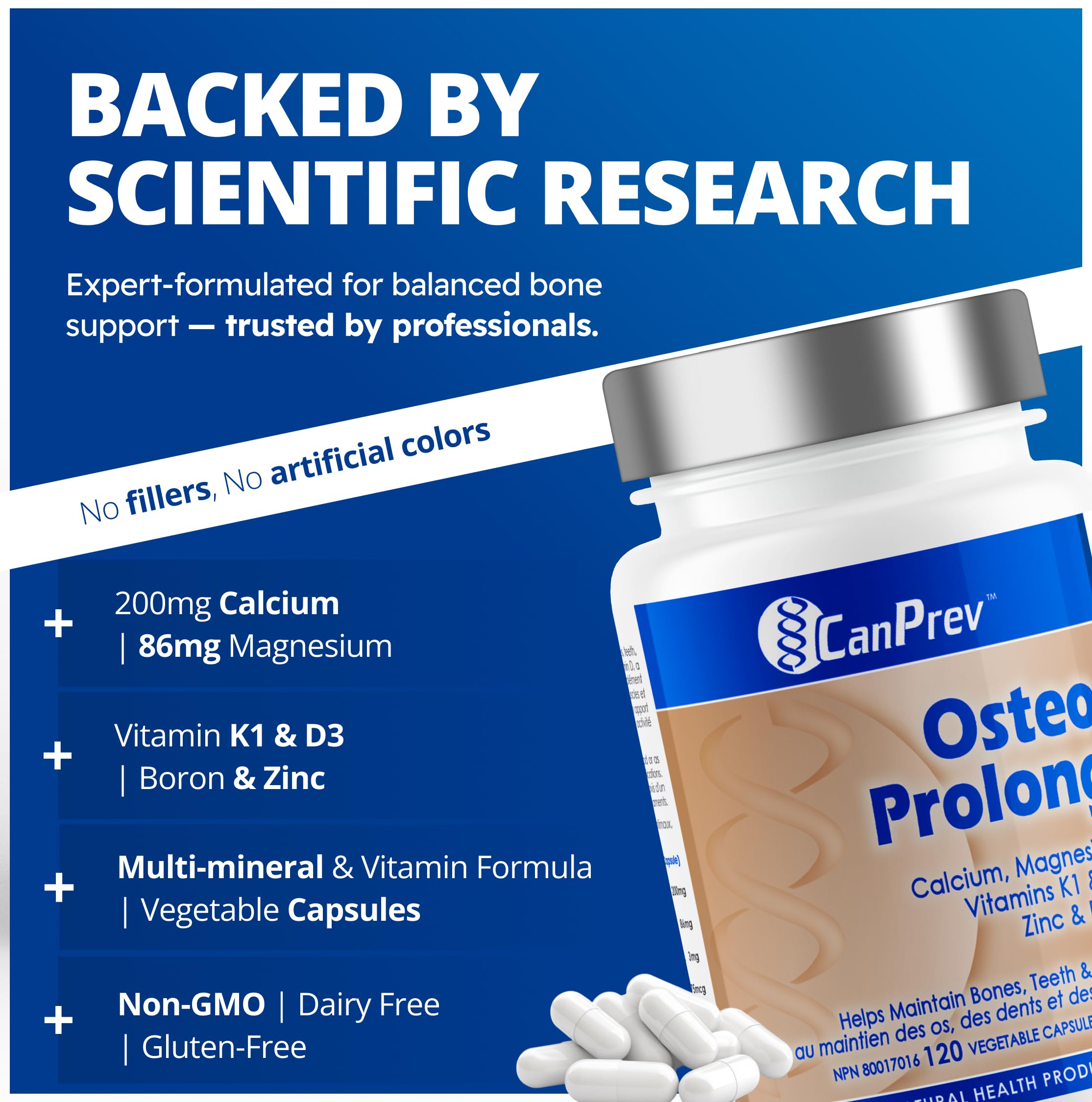 CanPrev Ostéo Prolong, 120 V-Caps, pour 30 jours, Contient du Calcium, du Bisglycinate de Magnésium, du Zinc, des Suppléments de Bore et des Vitamines D3 et K1, Contribue au maintien d'os et de dents sains chez l'homme et la femme