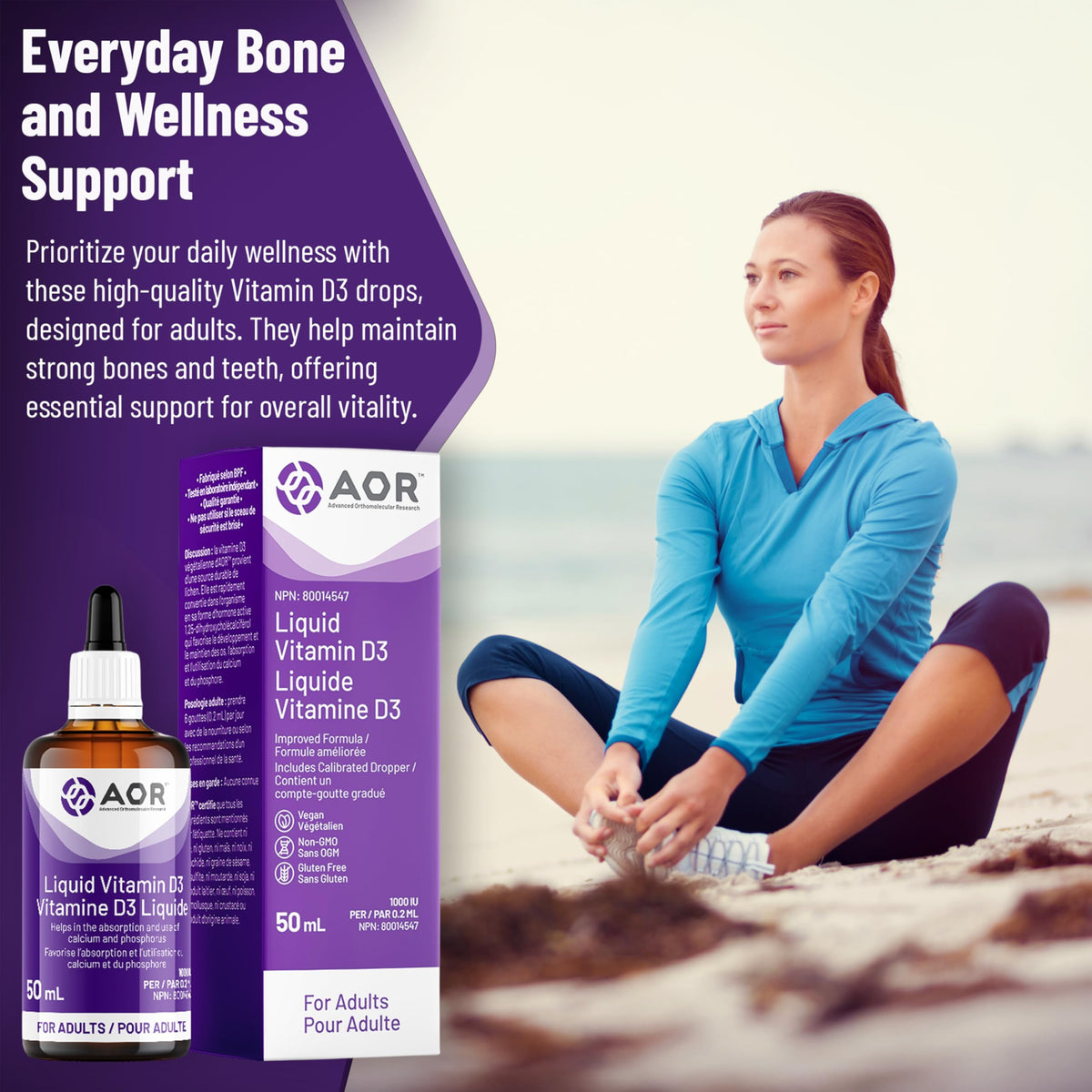 AOR Liquid Vitamin D Drops, Vitamin D3, Vegan, 1000 IU, 50 ml, 250 Servings