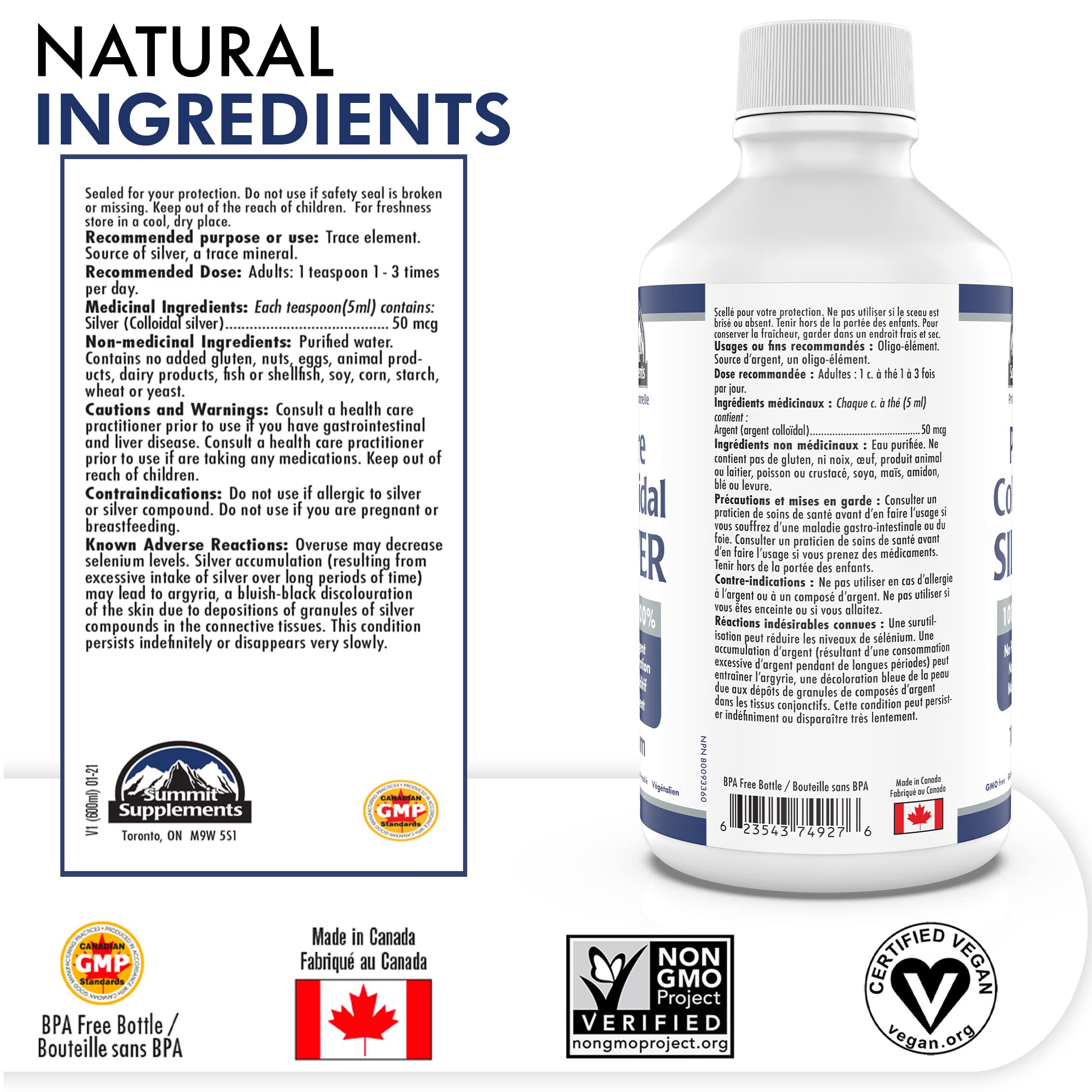 Pure Colloidal Silver Liquid 600ml Family Size, 120 Servings, 10 ppm Trace Mineral Drops, Neutral Taste, Multipurpose Daily Use for Skin & Wellness, Proudly Canadian, Plastic Negative, Vegan, GMO-Free