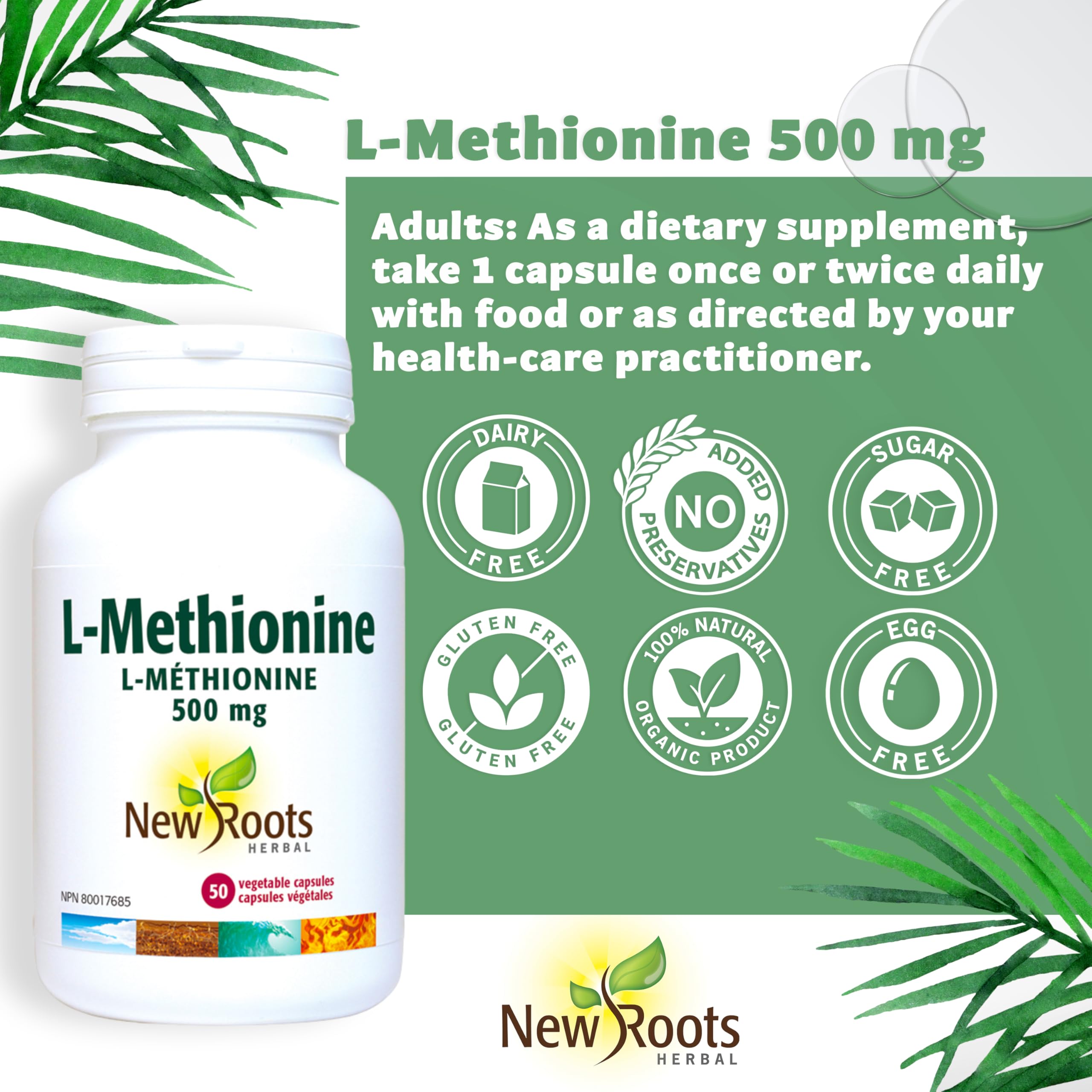 New Roots Herbal L-Méthionine 500 mg, Acide Aminé, Soutien Essentiel pour l'Activité Hépatique et le Bien-Être Quotidien, 50 Gélules Végétales, Approvisionnement de 50 Jours