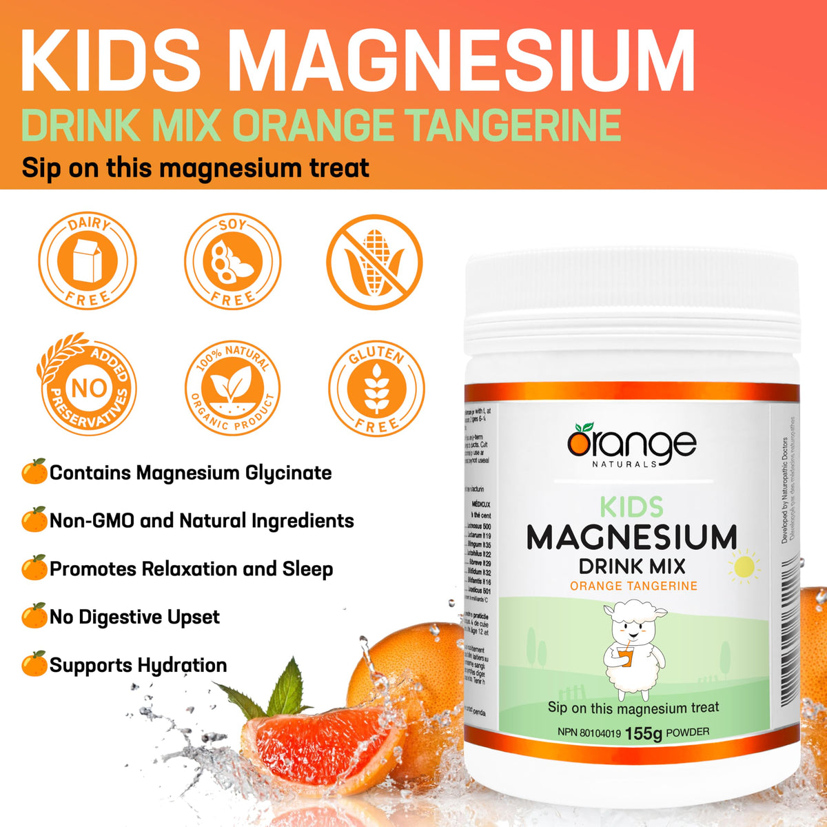 Orange Naturals - Kids Magnesium Drink Mix, Orange Tangerine Flavour, 155g Powder - Kids Magnesium Glycinate - Magnesium Drink Powder - Magnesium Supplement for Kids - Magnesium Powder Drink