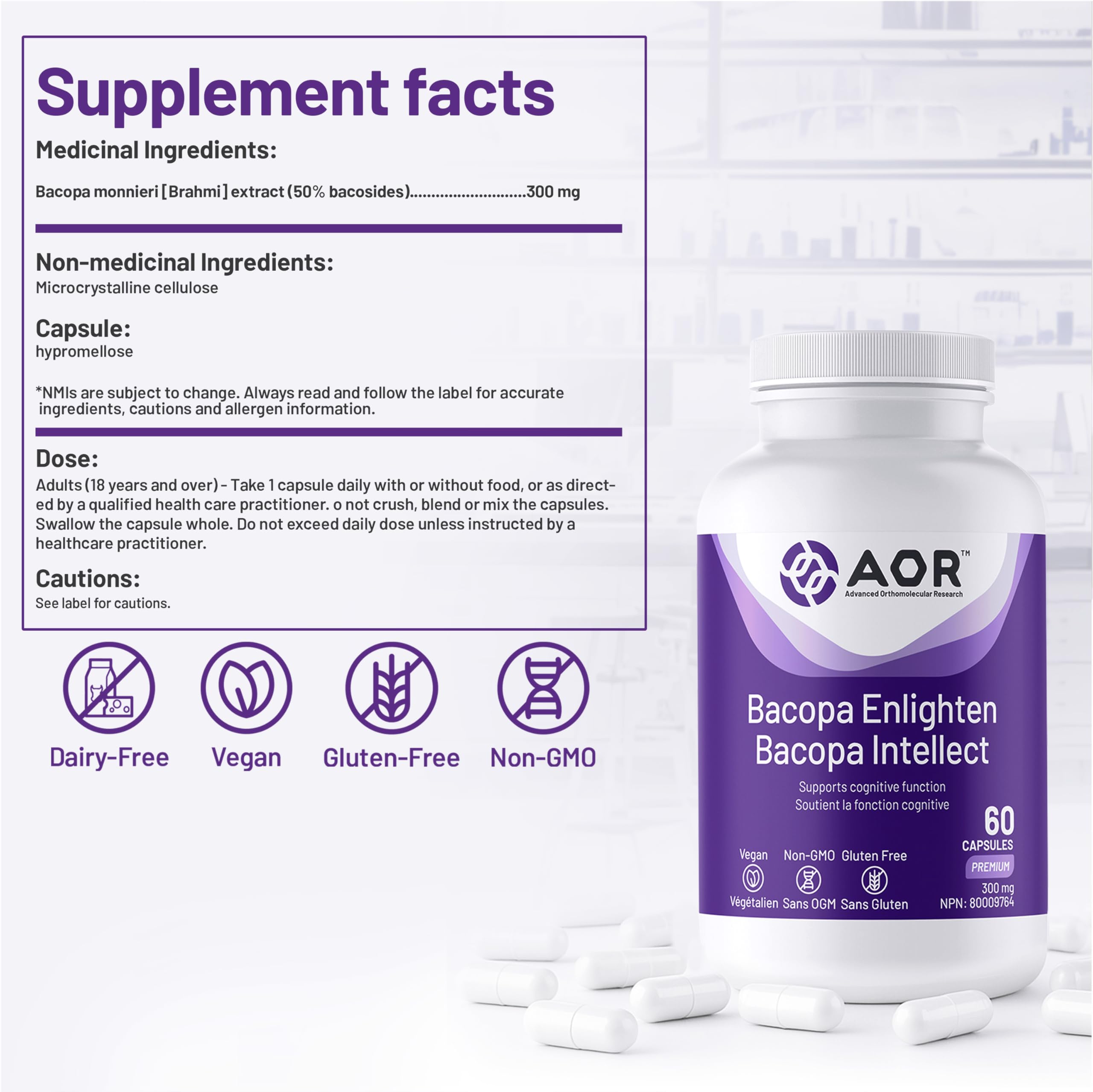 AOR Bacopa Enlighten 300mg - Supplément végétalien et sans gluten pour le soutien cognitif, la clarté mentale et la relaxation, extrait de Bacopa Monnieri, favorise la concentration et un sommeil réparateur