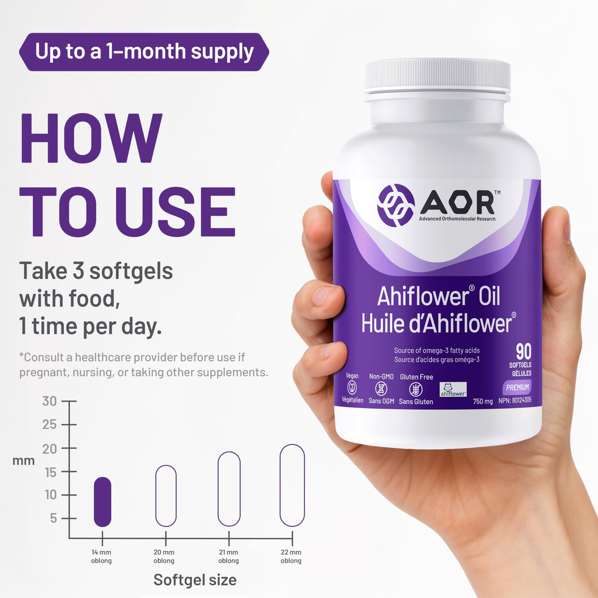 AOR - Ahiflower Oil, 90 Softgels 30-Day Supply - Source of Omega-3 Fatty Acids - Vegan, Non-GMO and Gluten-Free - Complete Balanced Essential Omegas from One Extraordinary Plant