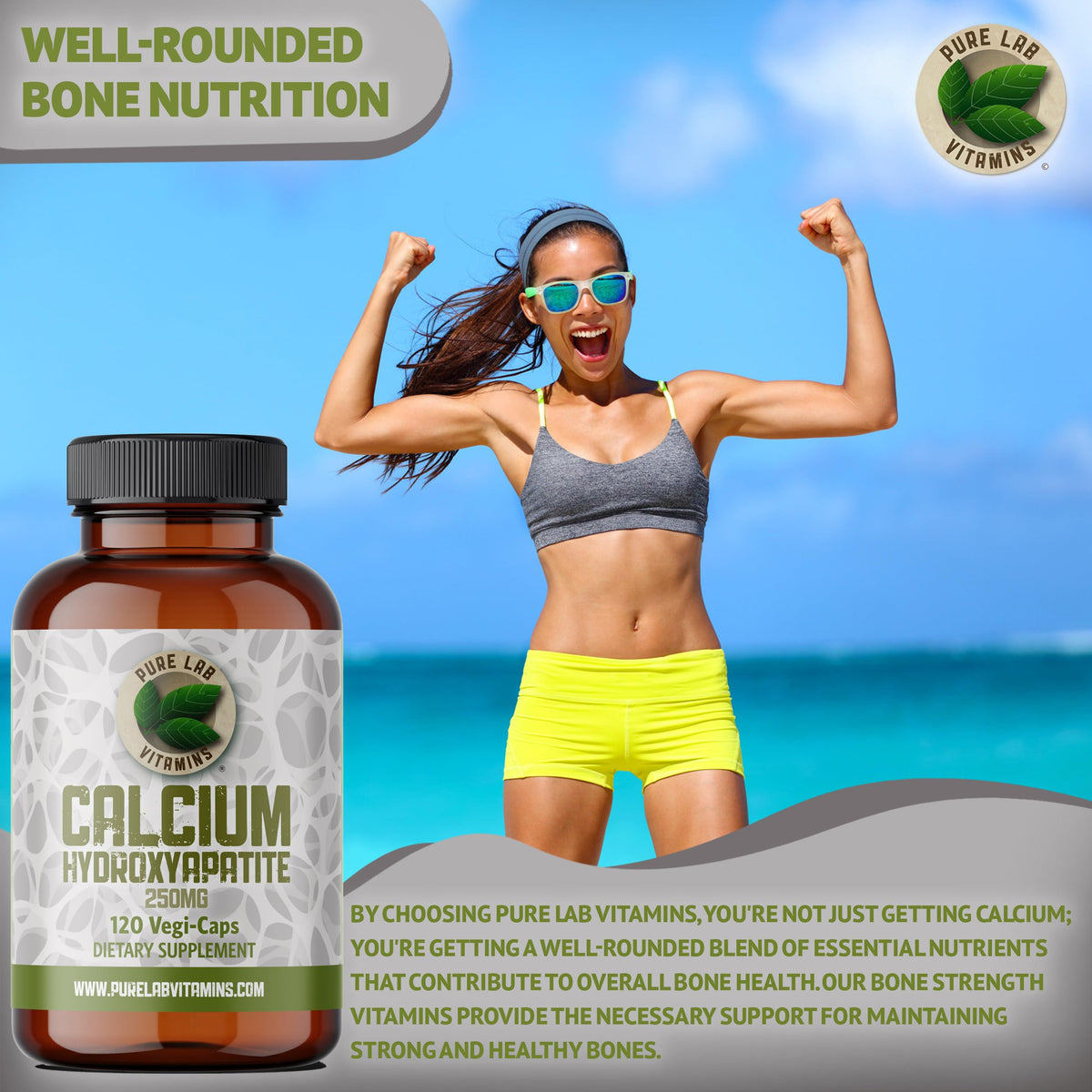 Pure Lab Vitamins - Calcium Hydroxyapatite Supplements | 120 Capsules | Building Strong Foundations | Bioavailable Source of Calcium Derived From Whole Bone