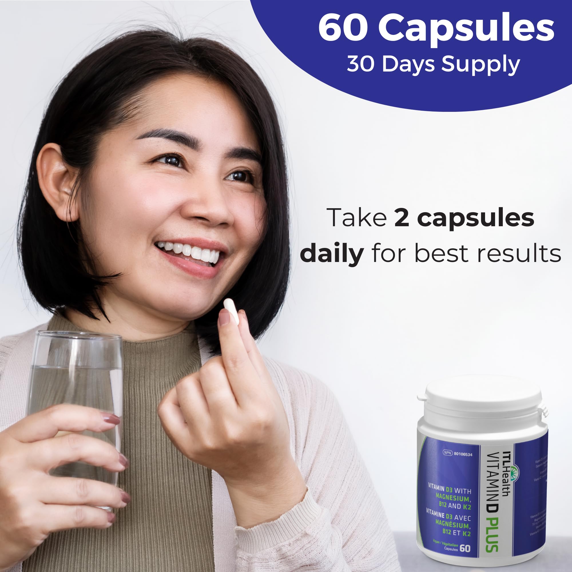 ITL Health Vitamin D3 K2 Magnesium & B12 Supplement | Plant Based Vitamin D 500iu, K2 MK7 20mcg, Elemental Magnesium 75mg, B12 250mcg | Non-GMO, Vegan & Made in Canada - 60 Capsules