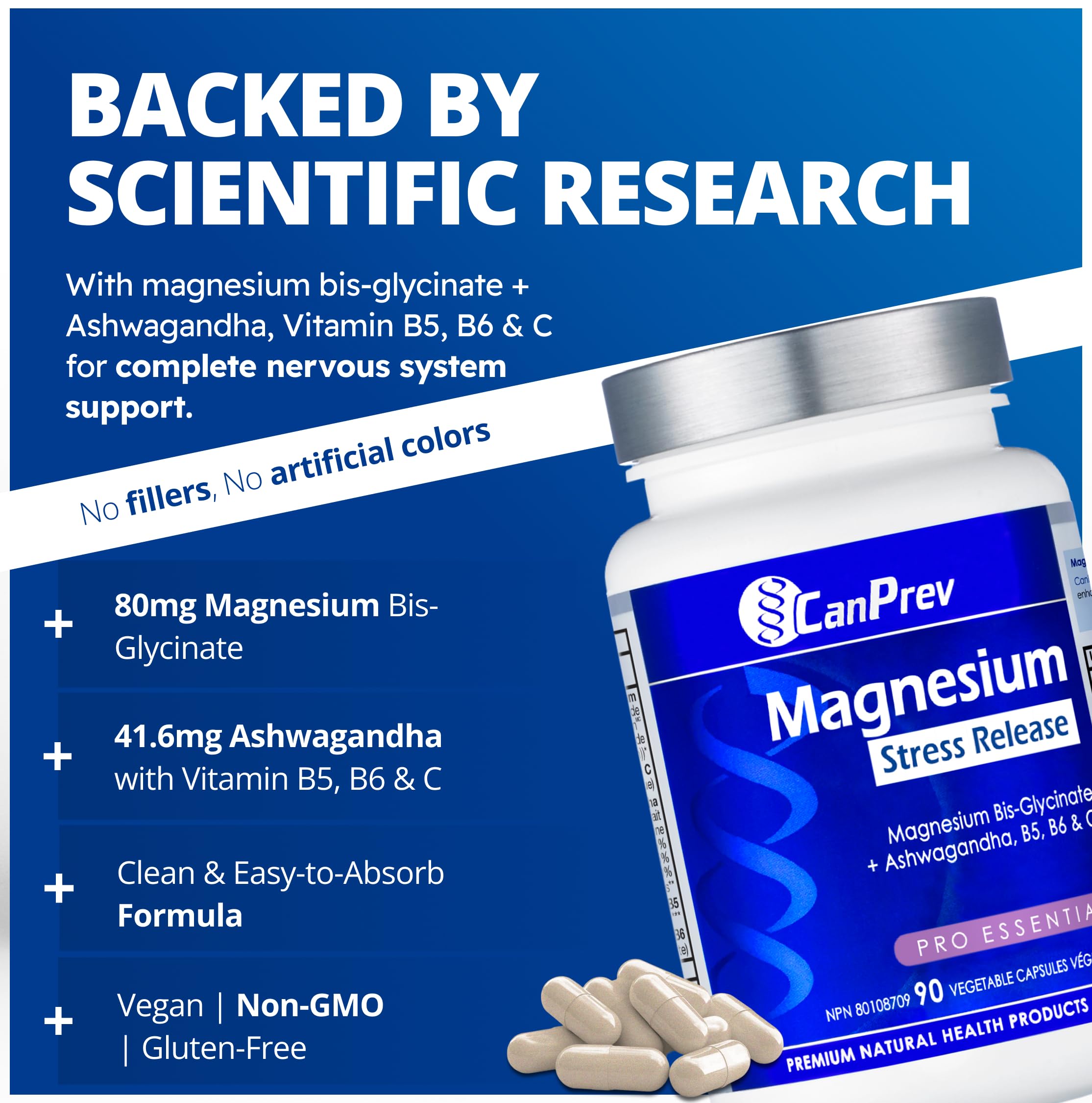 CanPrev Bisglycinate de magnésium + Ashwagandha, 90 capsules, 30 jours – Supplément de capsules de vitamines B5, B6 et C – Idéal pour retrouver le calme mental, réduire l'irritabilité et améliorer la concentration – Végétalien et sans OGM