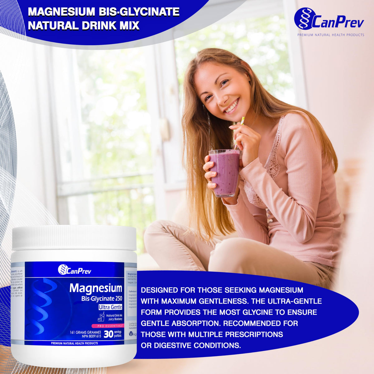 CanPrev Magnesium Bisglycinate Powder, 250 mg, Blueberry, 161g, 30 Servings
