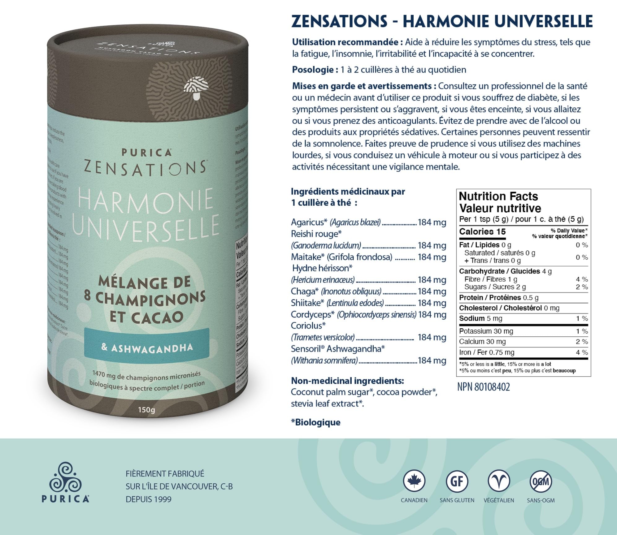 PURICA - Boisson cacao au champignon Reishi rouge Zensations - 150 g