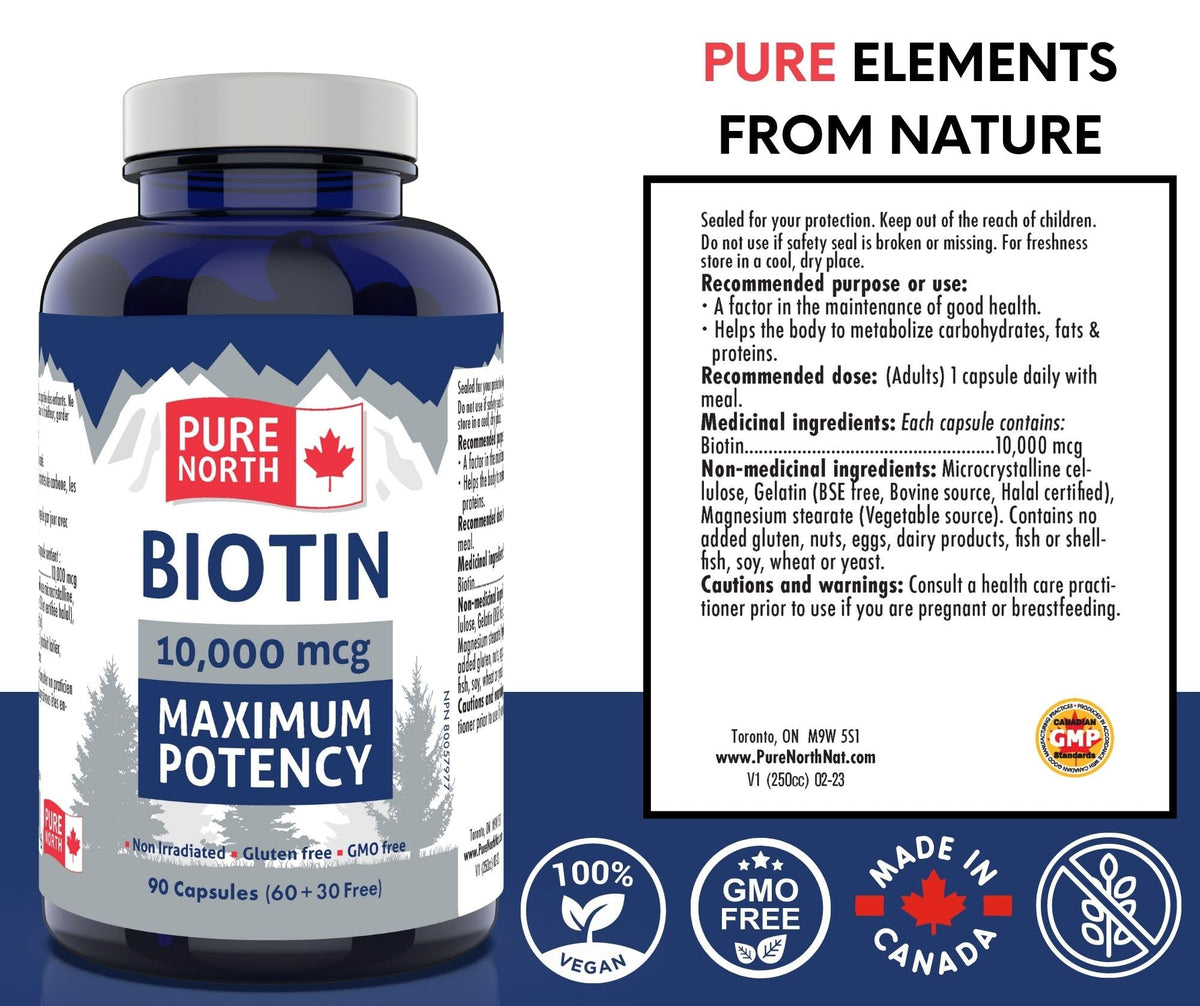 Pure North Naturals Biotin 10,000 mcg 90 Caps 90-Day Supply for Vibrant Growth & Radiance - Vegan, Non-GMO & Gluten-Free - Healthy Hair, Skin & Nails - Supports Brain Function & Cardiovascular System