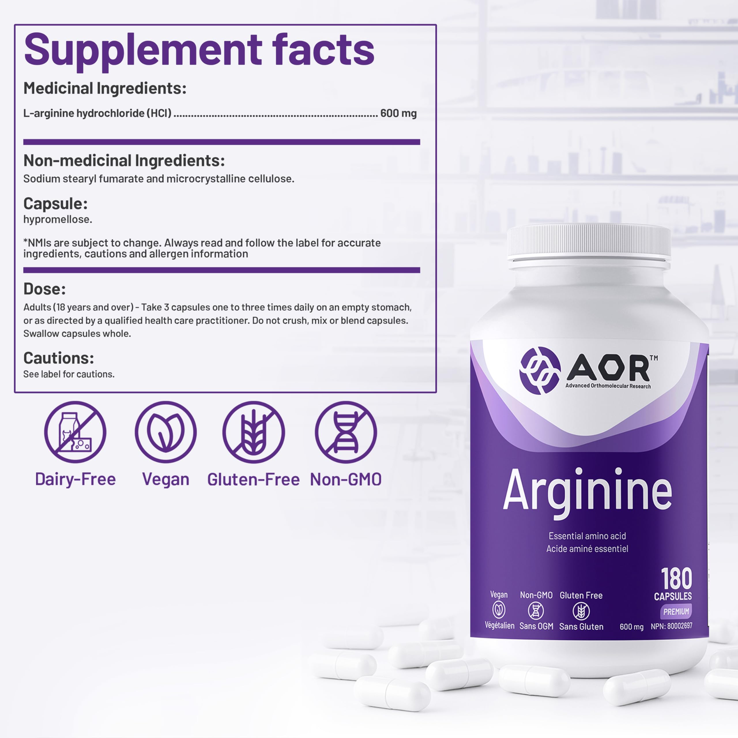 AOR Arginine 600mg, Vegan 180 Caps 60-Day Supply - L-Arginine Supplement for Circulation & Vitality - Support Nitric Oxide Production - Essential Amino Acids for Skin Elasticity and Muscle Performance
