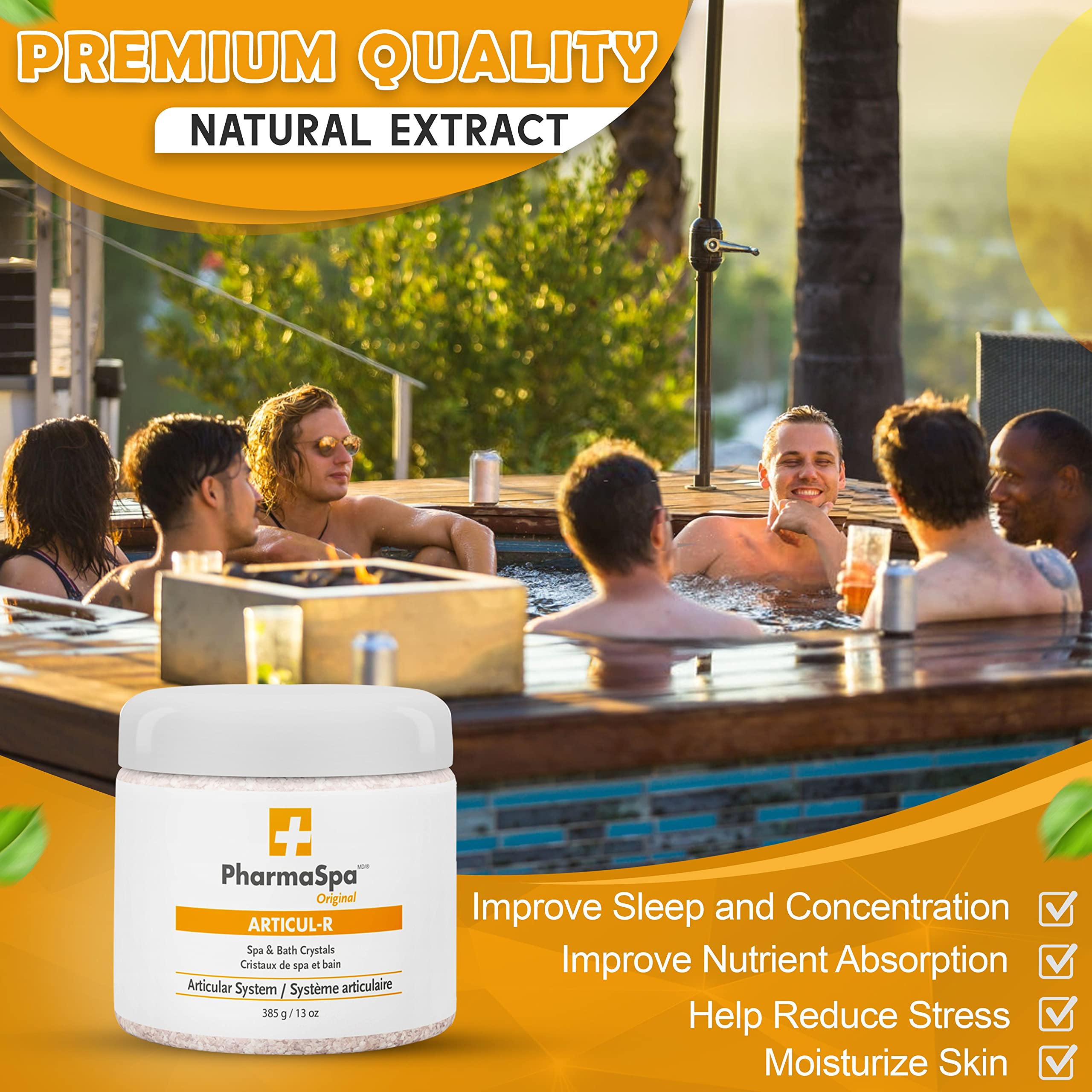 Pharmaspa Original : Cristaux de spa et de bain aux extraits entièrement naturels – 385 g/13 oz – Sel de bain d'Epsom pour l'aromathérapie et la relaxation dans les spas – Sans gluten, sans parabènes, sans cruauté