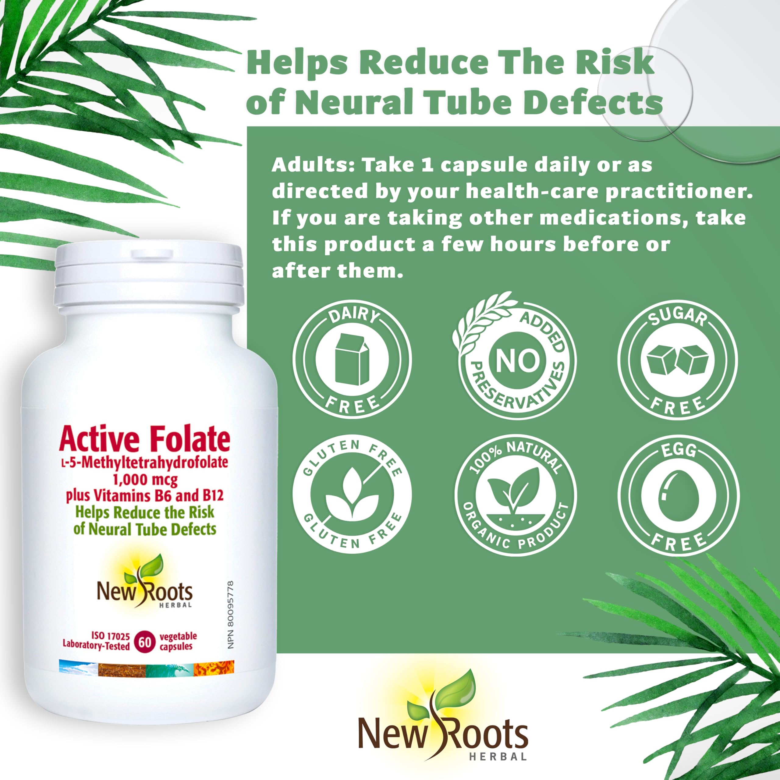 New Roots Herbal Folate Actif, 1000mcg L-5-MTHF avec Vitamines B6 & B12, Soutien Prénatal pour la Santé du Tube Neural & la Formation des Globules Rouges, 60 Gélules Végétales, Approvisionnement de 60 Jours