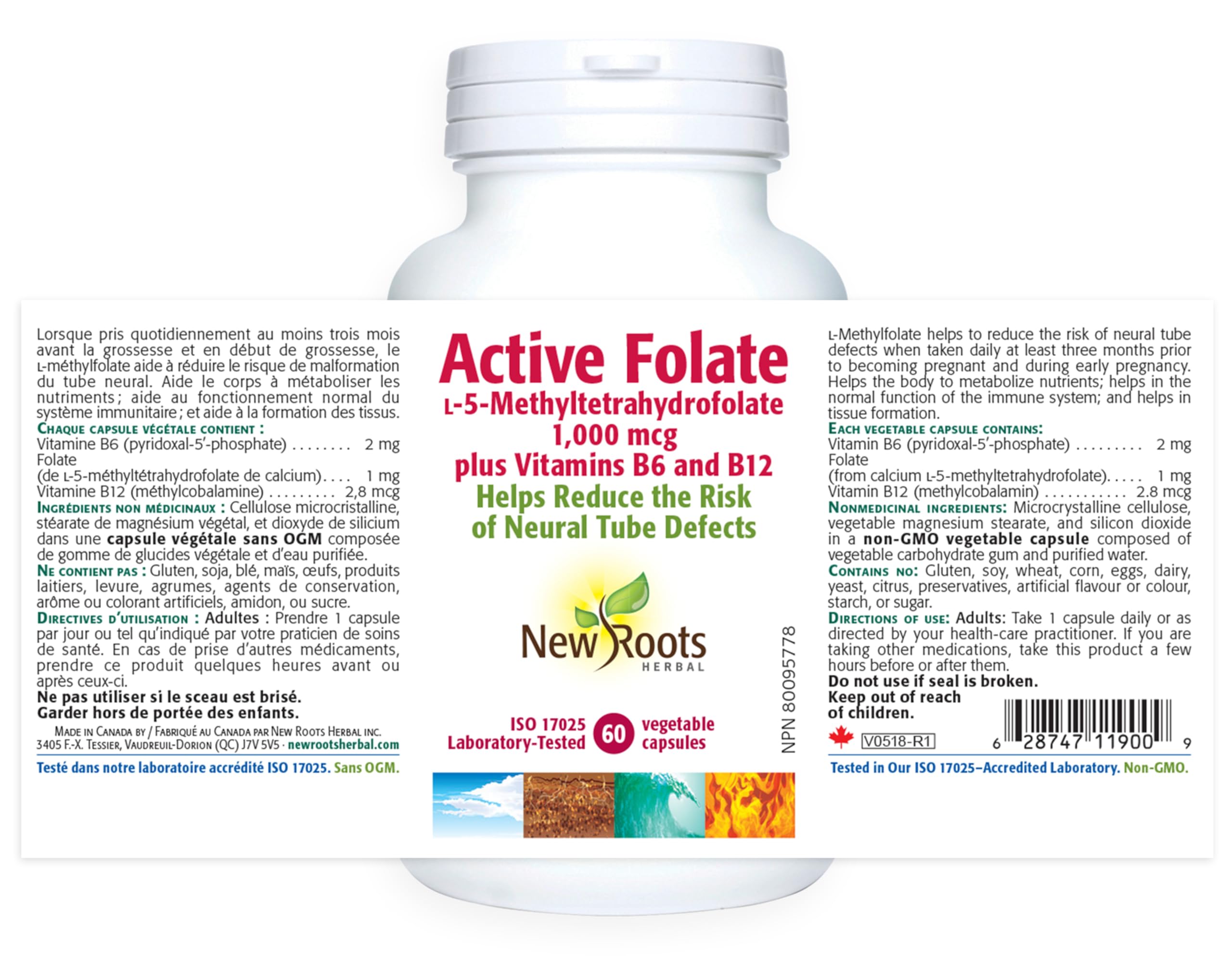 New Roots Herbal Folate Actif, 1000mcg L-5-MTHF avec Vitamines B6 & B12, Soutien Prénatal pour la Santé du Tube Neural & la Formation des Globules Rouges, 60 Gélules Végétales, Approvisionnement de 60 Jours