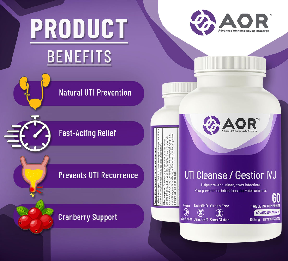 AOR UTI Cleanse Tablets, D Mannose 1000 mg, Cranberry Juice, 60 Tablets