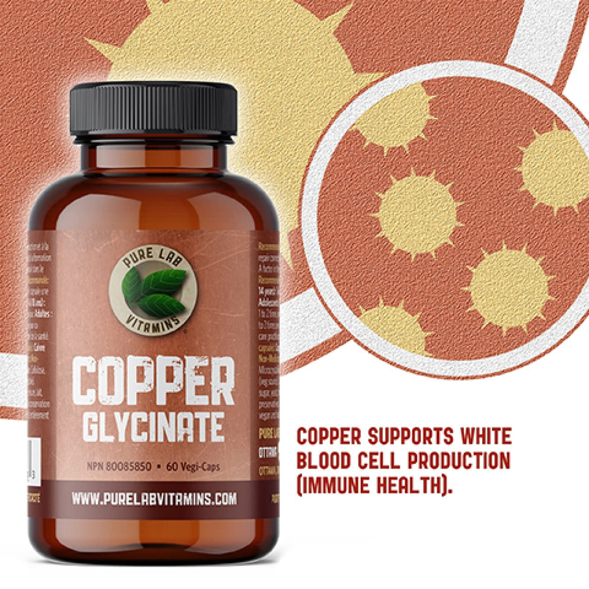 Pure Lab Vitamins - Copper Glycinate Mineral Supplement 1 mg 60 v-caps | Essential for Collagen Production, Immune System & Red Blood Cell Formation | Non GMO, Gluten Free | Formulated and made in Canada