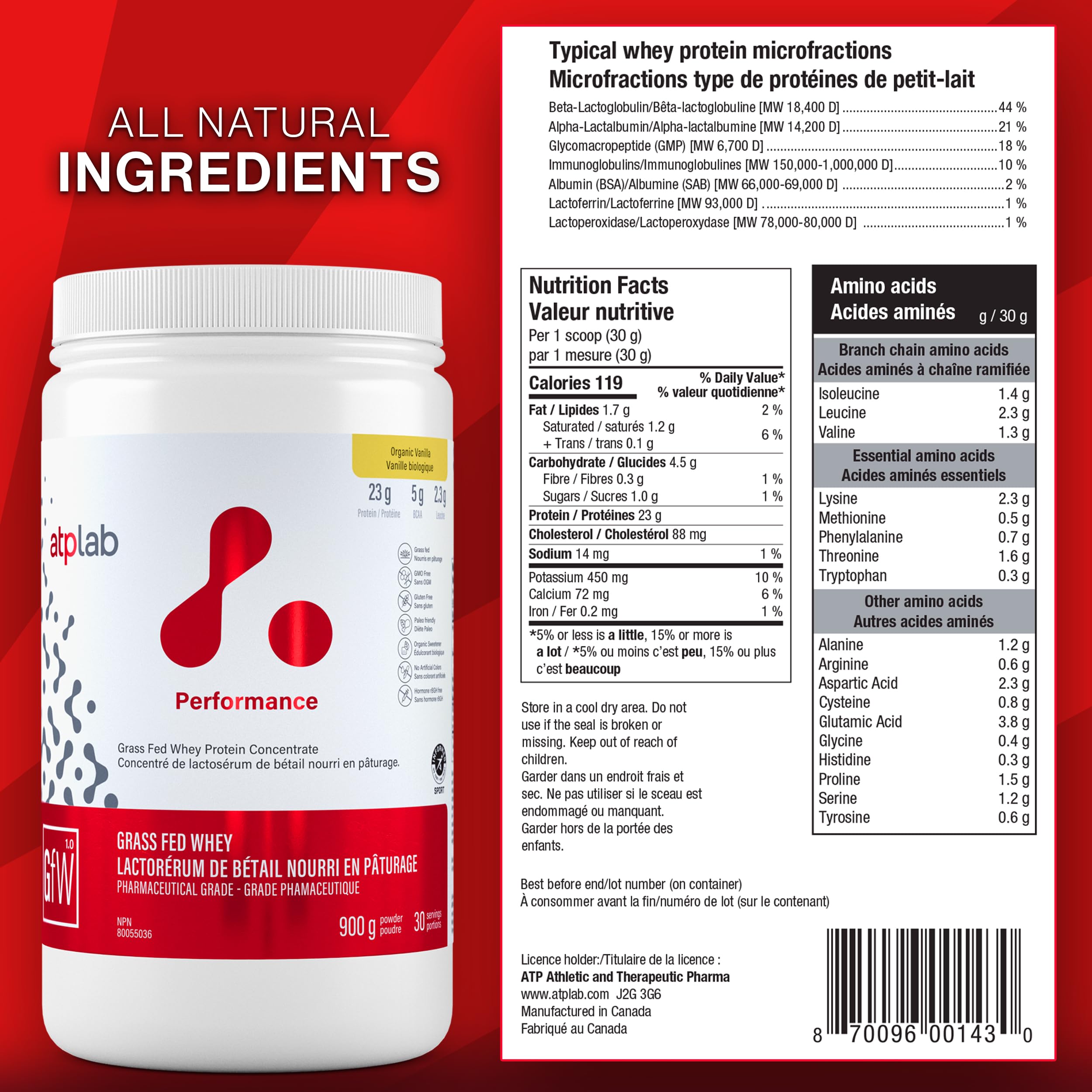 ATP LAB Concentré de Protéines de Lactosérum Nourri à l'Herbe 900g.