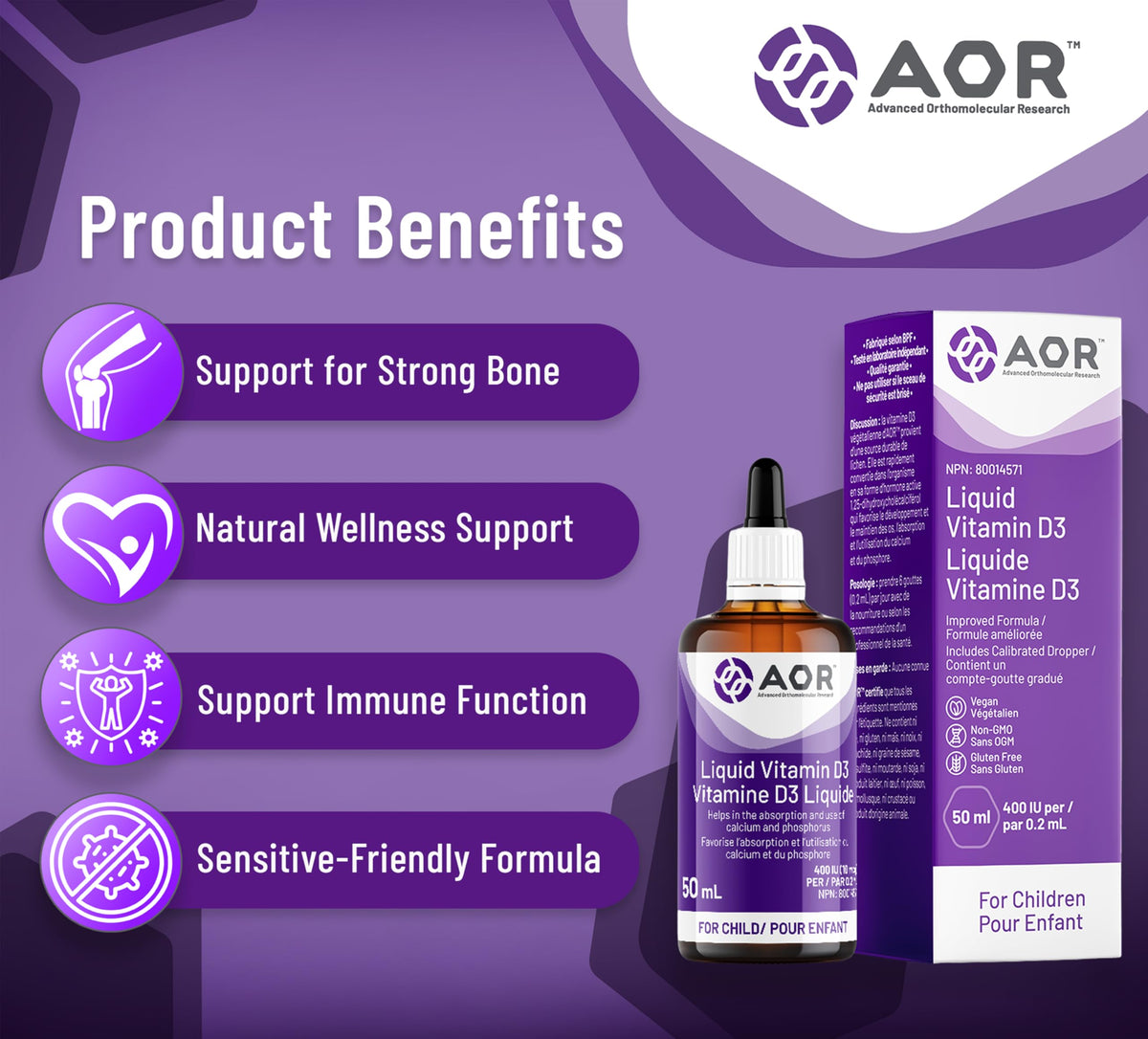 AOR Kids Vitamin D3 Drops, Unflavoured, Vegan, 400 IU, 50 ml, 250 Servings