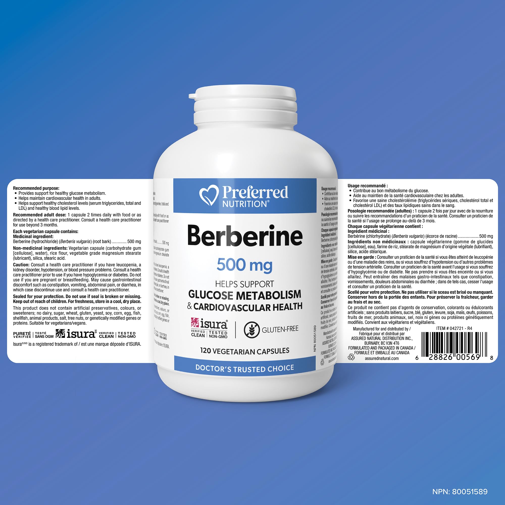 Preferred Nutrition Berberine MAXIMUM POTENCY 1000 mg per Serving (2 caps, 500 mg each), Vegetarian Capsules, Canadian Company