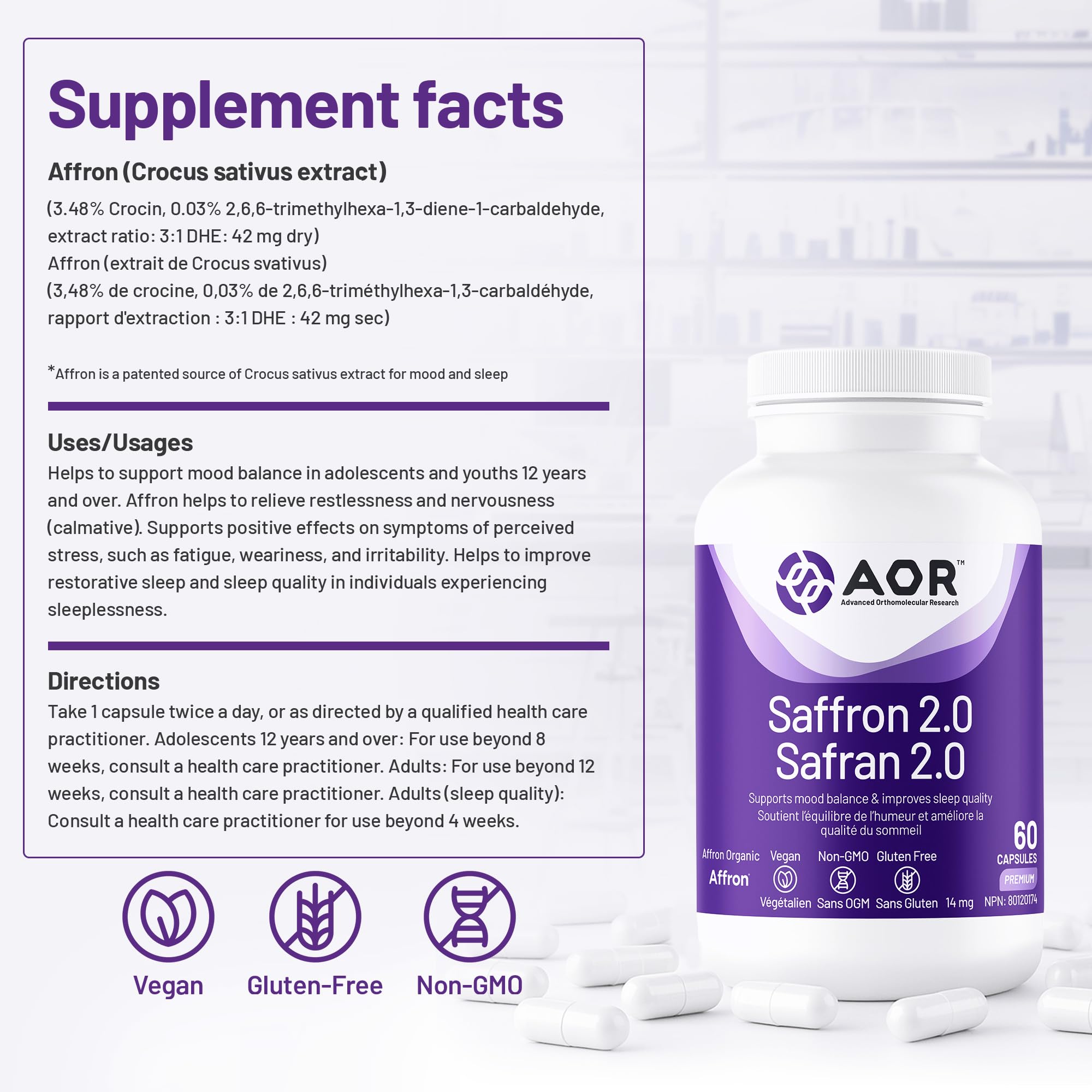 AOR - Saffron 2.0 Supplément, 60 gélules pour 30 jours - Favorise l'équilibre émotionnel, améliore la qualité du sommeil, la concentration et la clarté mentale, la vision et la santé oculaire - Végane, sans OGM et sans gluten