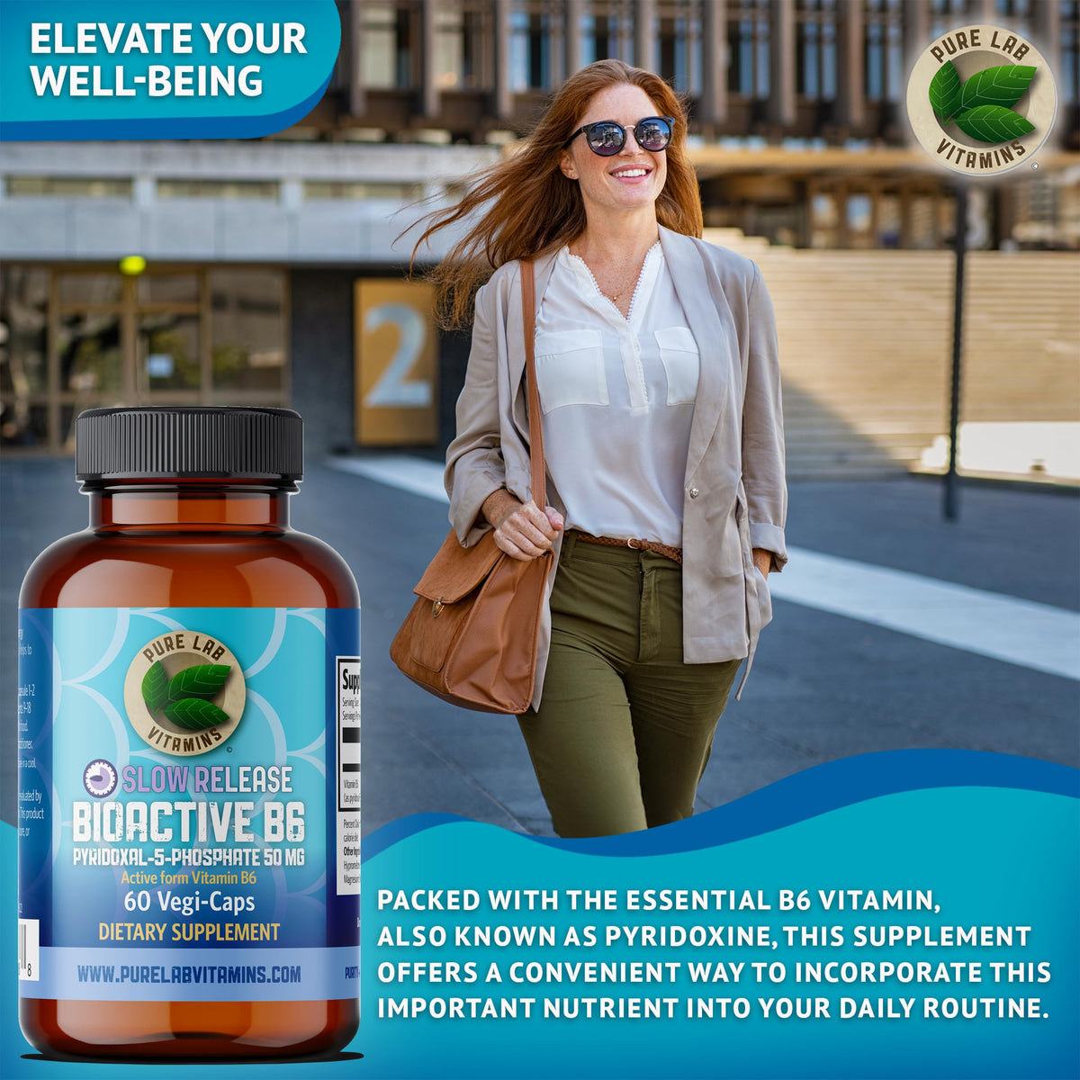Pure Lab Vitamins | Slow Release Bioactive Vitamin B6 50mg | 60 Capsules | Vitamin B6 for Pregnancy Nausea Relief | P5P Pyridoxal 5 Phosphate | Serotonin Mood Support, Immune System Support, Metabolism Support