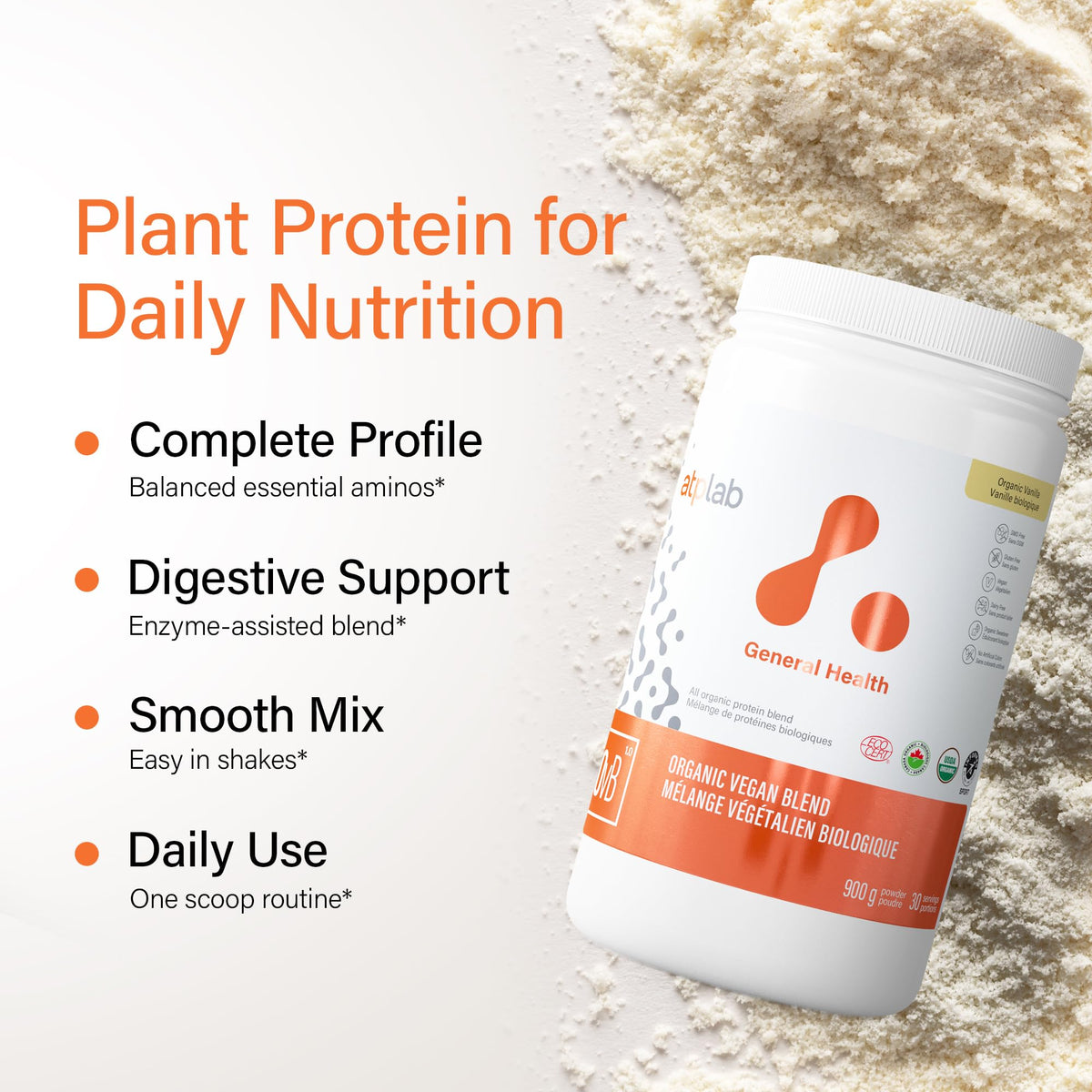 atplab Organic Vegan Blend Protein Powder, 5 Plant Proteins, Vanilla, 900g