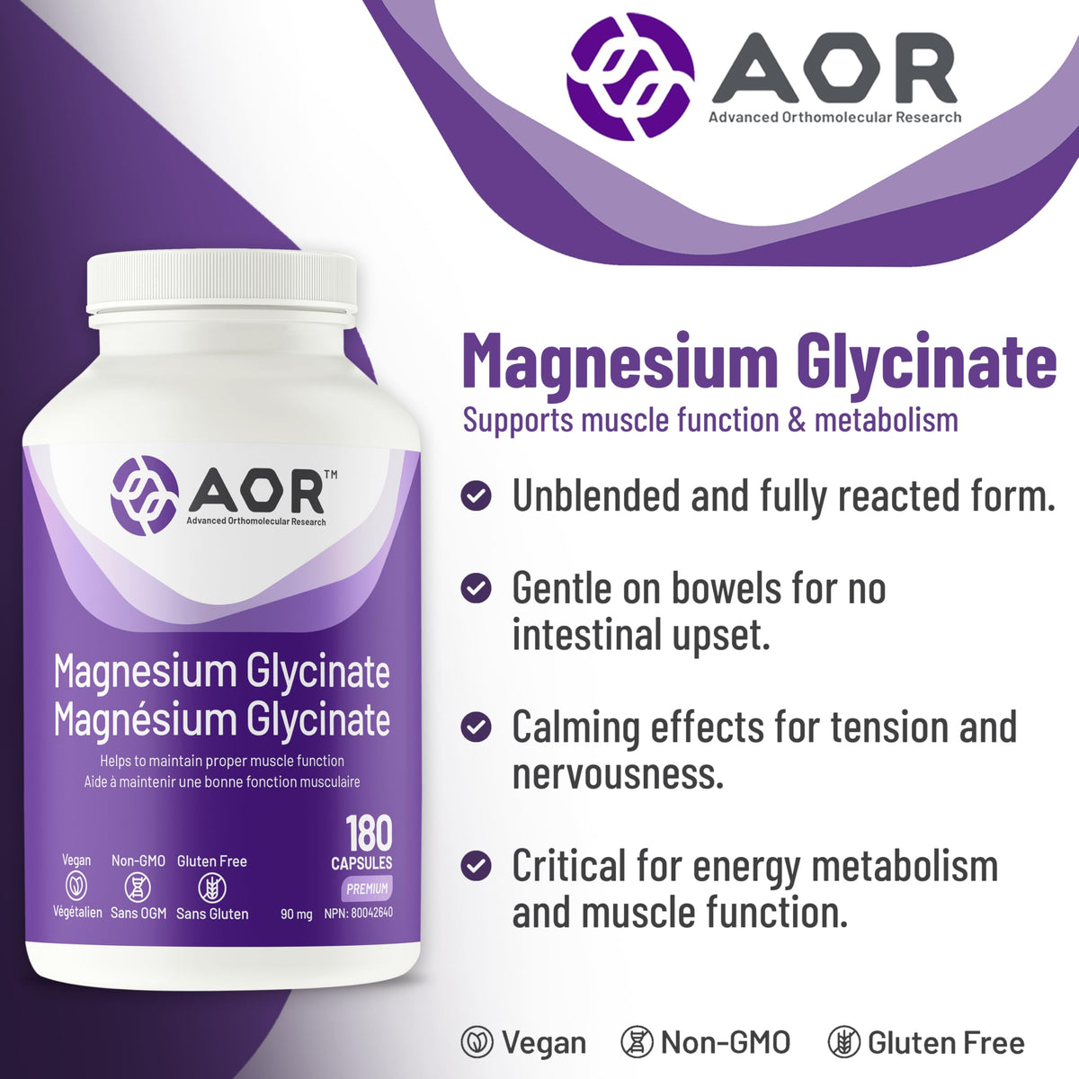 AOR Magnesium Glycinate Supplement, Gentle on Stomach, Vegan, 180 Capsules
