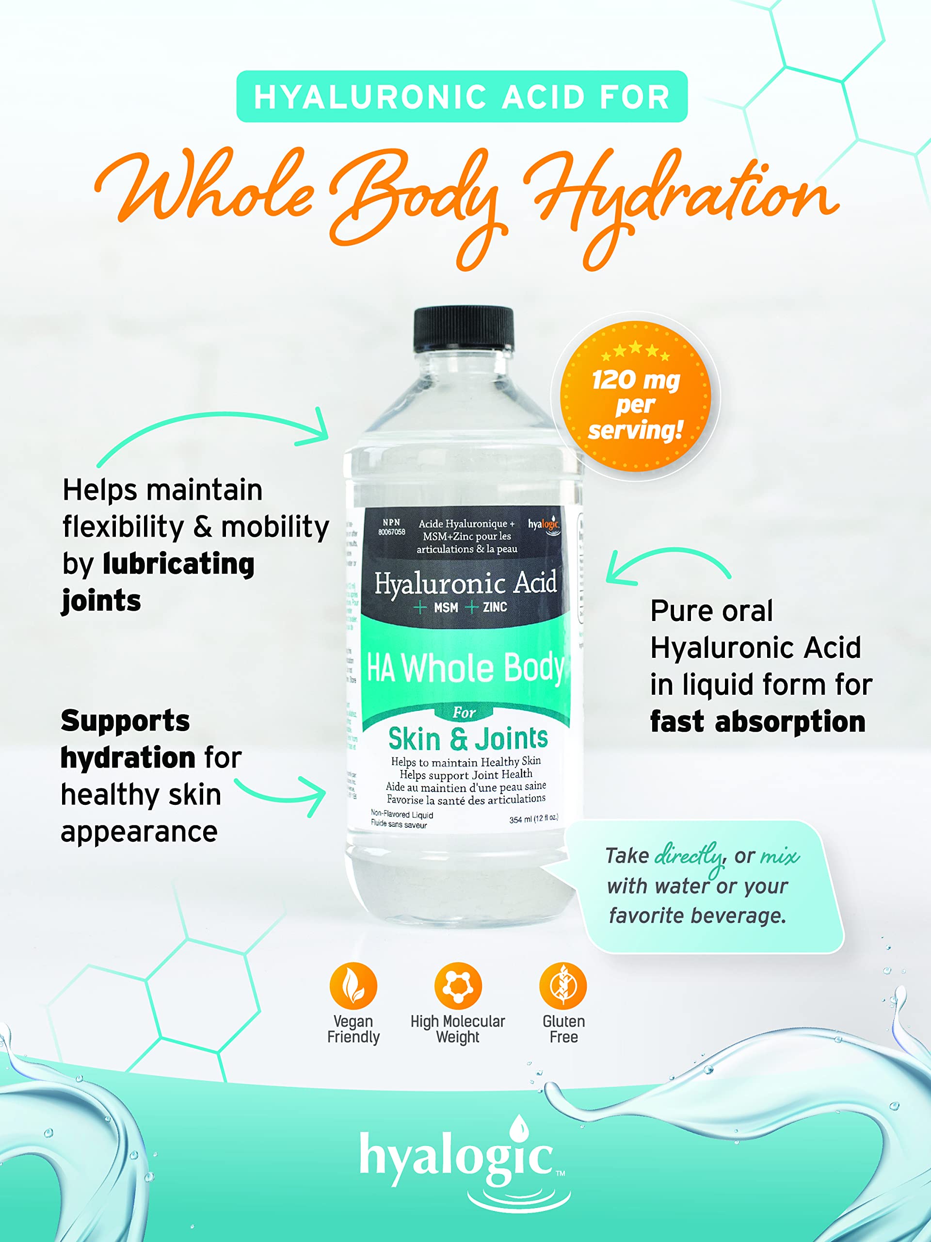 Hyalogic - Hyaluronic Acid Whole Body Non-Flavoured Liquid 354 ml - Helps to Maintain Healthy Skin, Flexibility, Mobility and Joint Health - HA + MSM + Zinc - Supports Hydration - Vegan