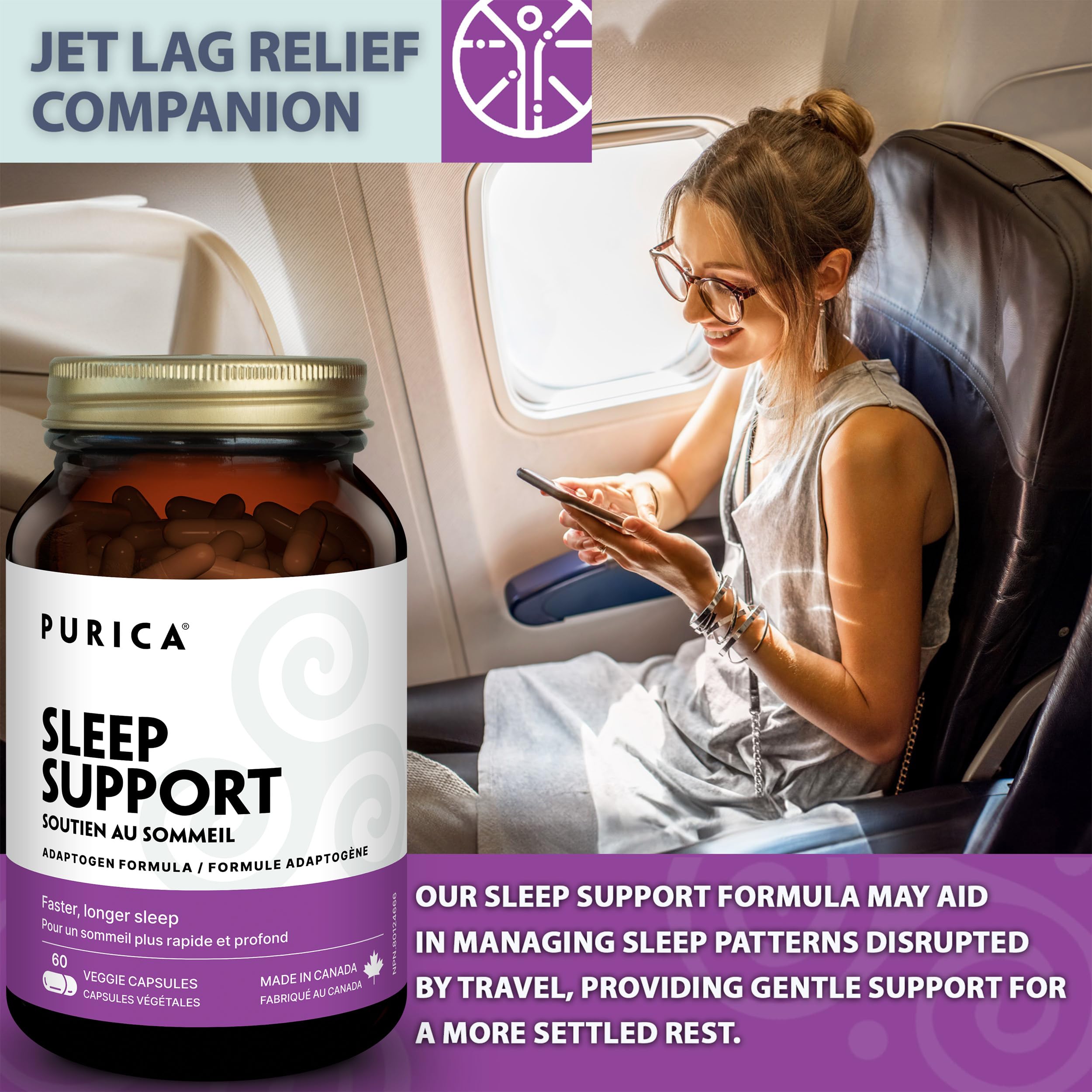 PURICA Sommeil Paisible, Aide à Favoriser des Nuits Reposantes et un Voyage Facile, Contient des Champignons Reishi Rouges, de l'Ashwagandha Biologique et de la Mélatonine, Formule Sans Gluten et Sans OGM