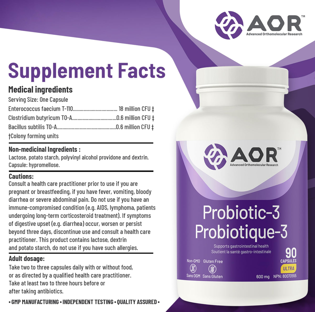 AOR Probiotic 3, Probiotics, Intestinal Health, 90 Capsules, 45 Day Supply