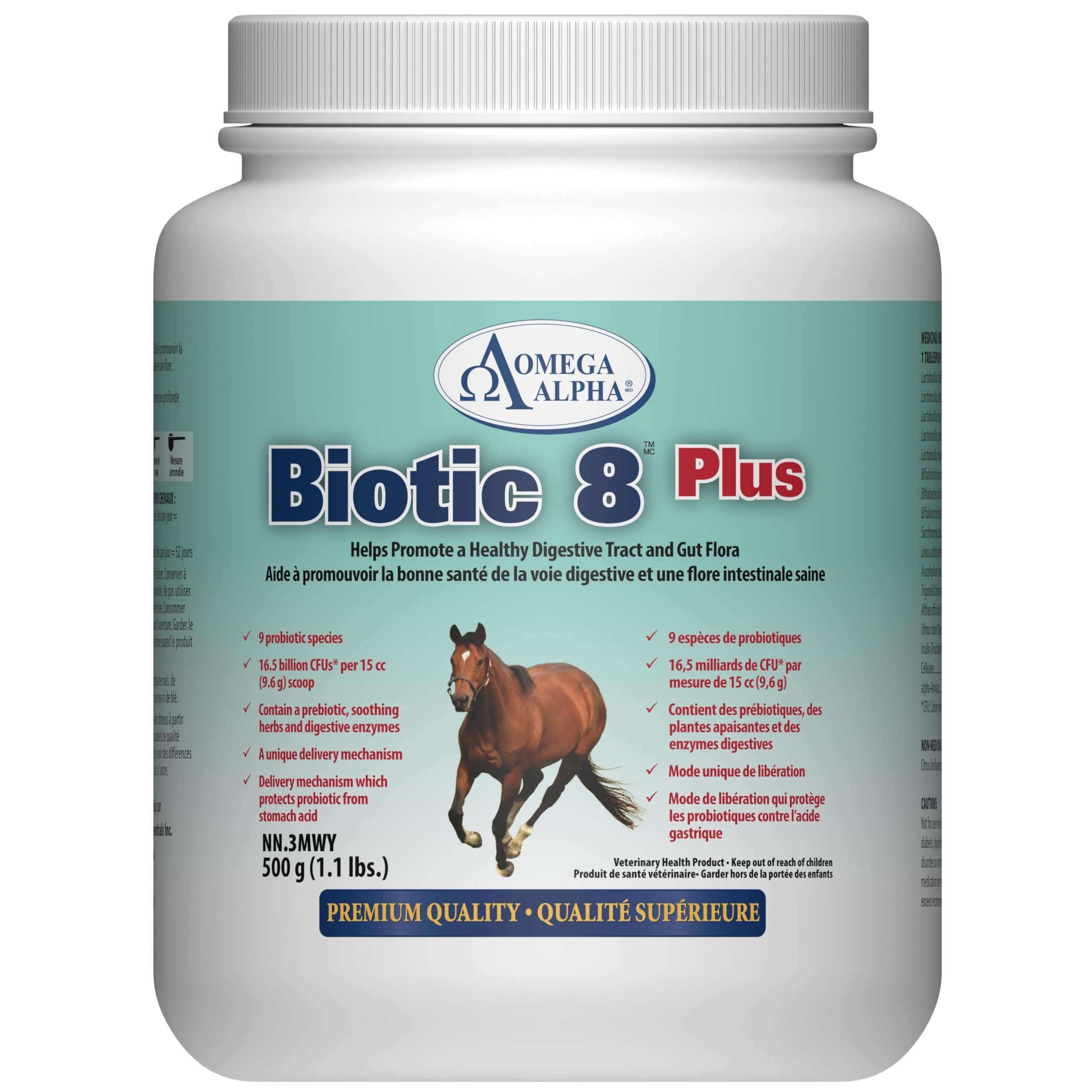 Omega Alpha Probiotic 8 Plus Poudre équine 500g, Supplément de soutien digestif multi-souches avec enzymes et prébiotiques pour la santé intestinale et l'absorption des nutriments