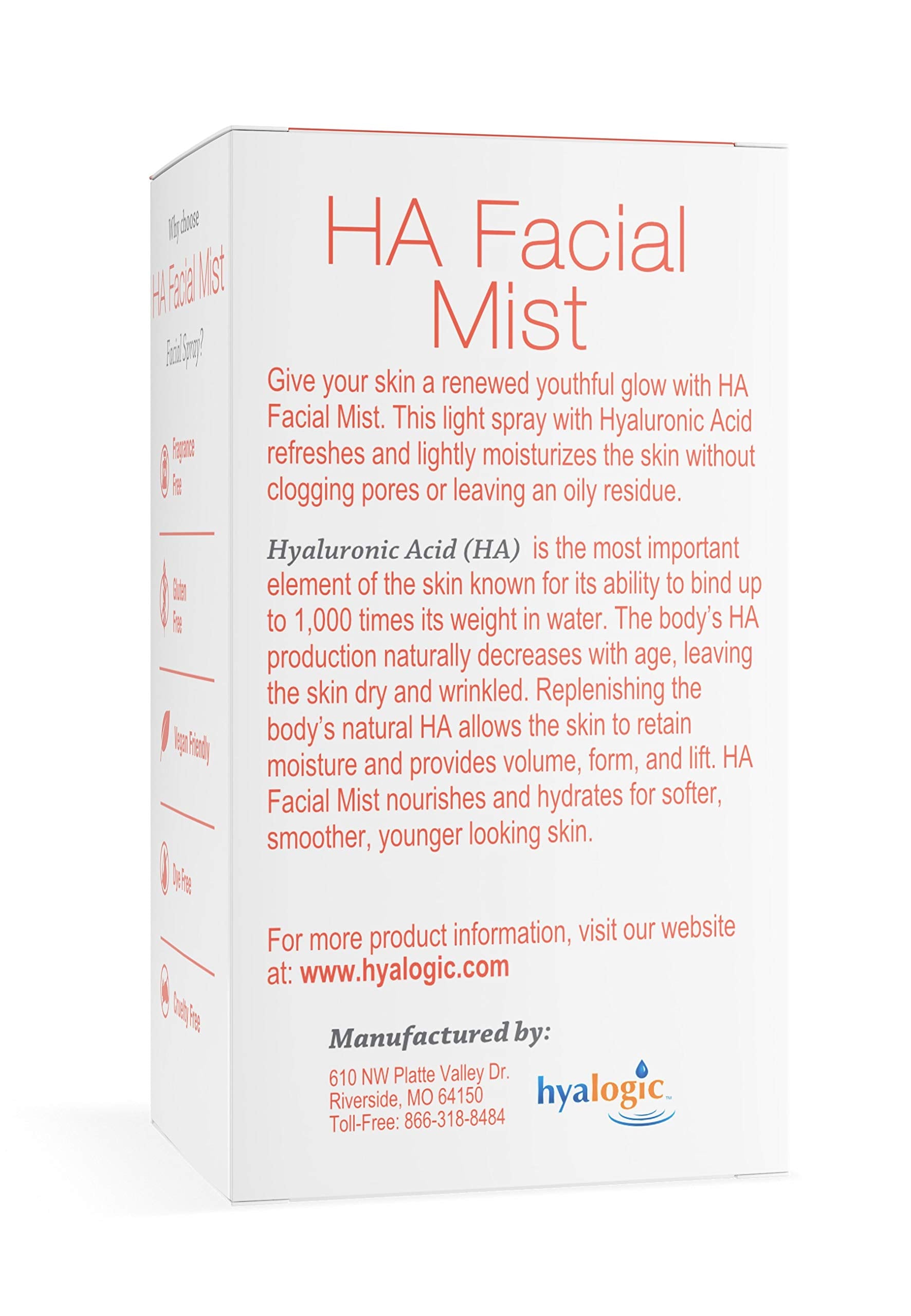 Hyalogic - Brume Visage à l'Acide Hyaluronique en Spray 59ml - Enrichie en Super Hydratant - Hydrate et Humidifie la Peau - Raffermit la Peau, Soutient l'Élasticité et l'Hydratation de la Peau - Convient aux Vegans