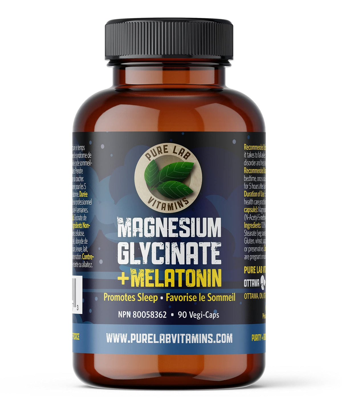 Pure Lab Vitamins - Magnesium Glycinate 100mg with Melatonin 3mg, 90 Vegan Caps - 3mg Melatonin and Magnesium Glycinate Supplement