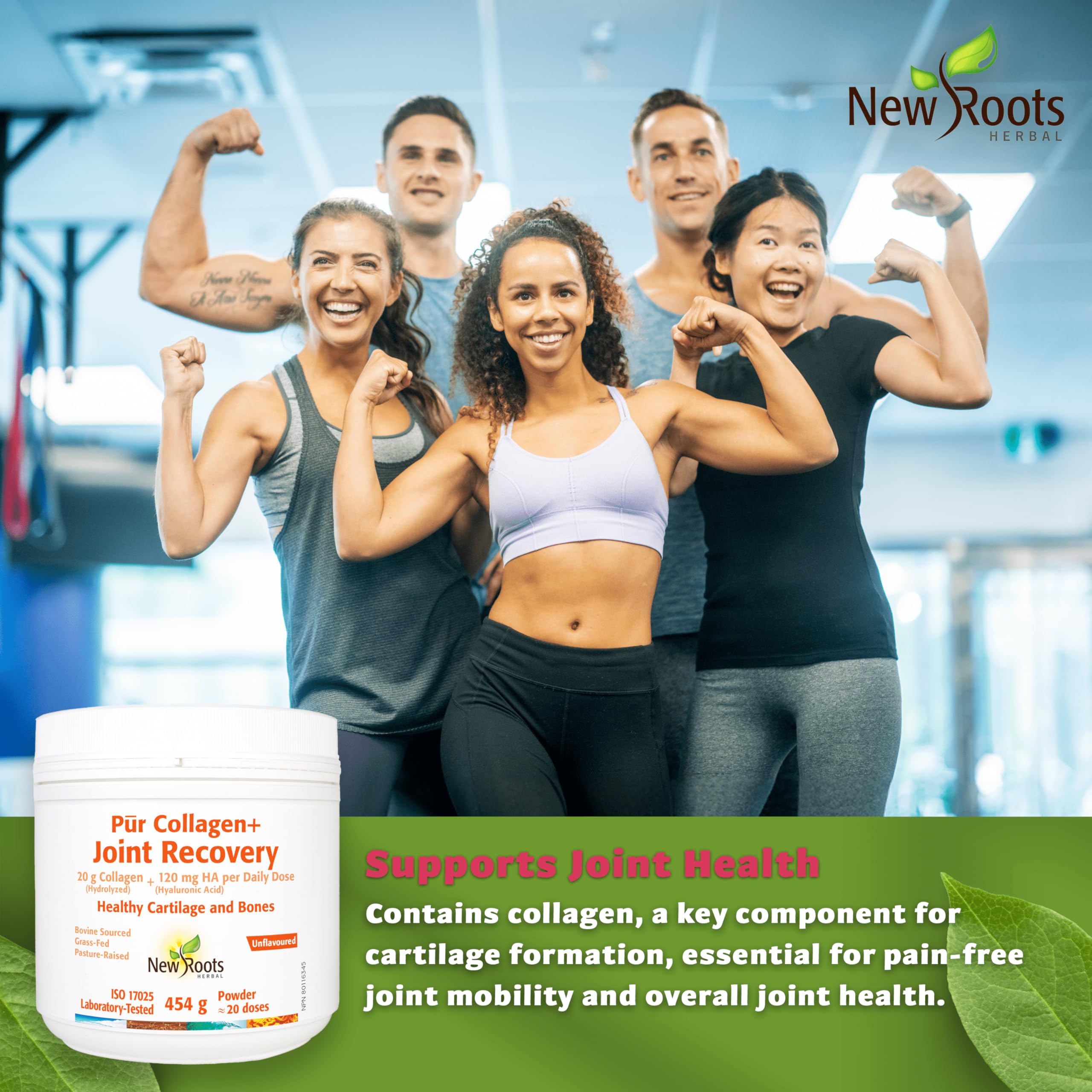New Roots Herbal - Pur Collagen + Joint Recovery, 454g Powder - Helps Supports Cartilage, Bones, Teeth, Gums and Joints Health - Helps with Immune Function and Improve Skin Hydration