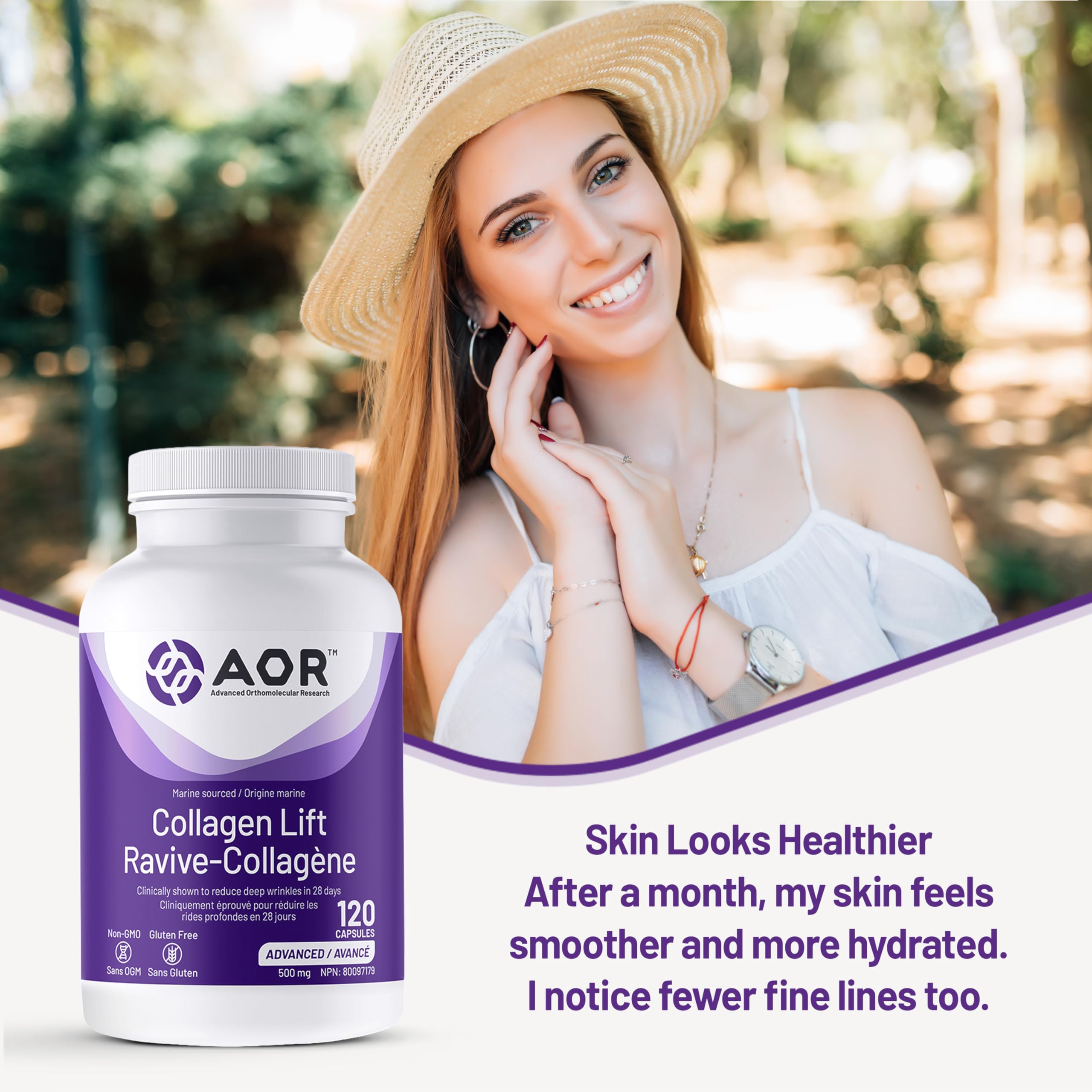 AOR Collagen Lift 500mg, 120 gélules, cure de 30 jours – Complément de collagène marin hydrolysé, favorise une peau lisse et des articulations souples, améliore l'élasticité et l'hydratation de la peau – Sans gluten et sans OGM