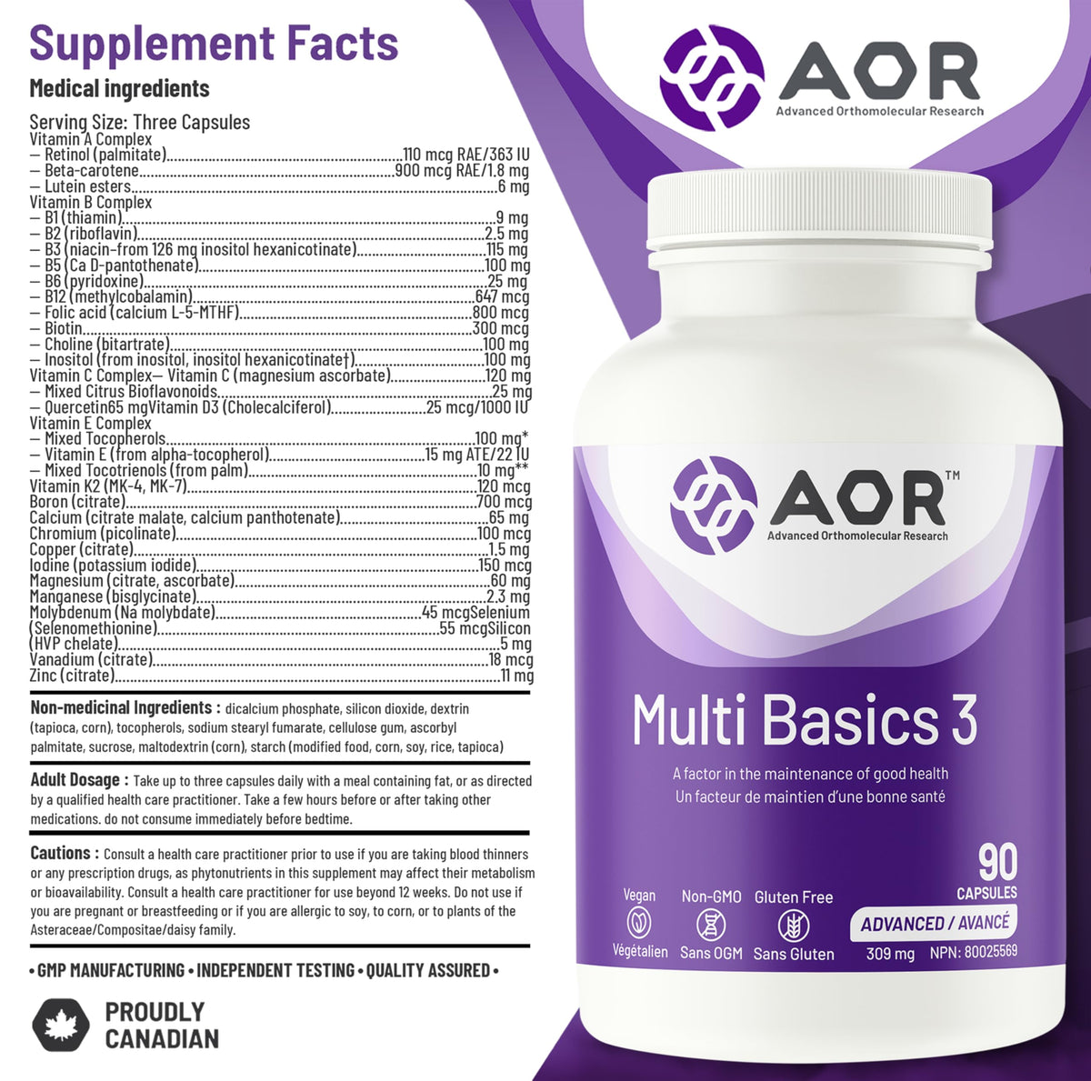 AOR Multi Basics 3 Adult Multivitamin, B Complex, Vitamin K2, 90 Capsules