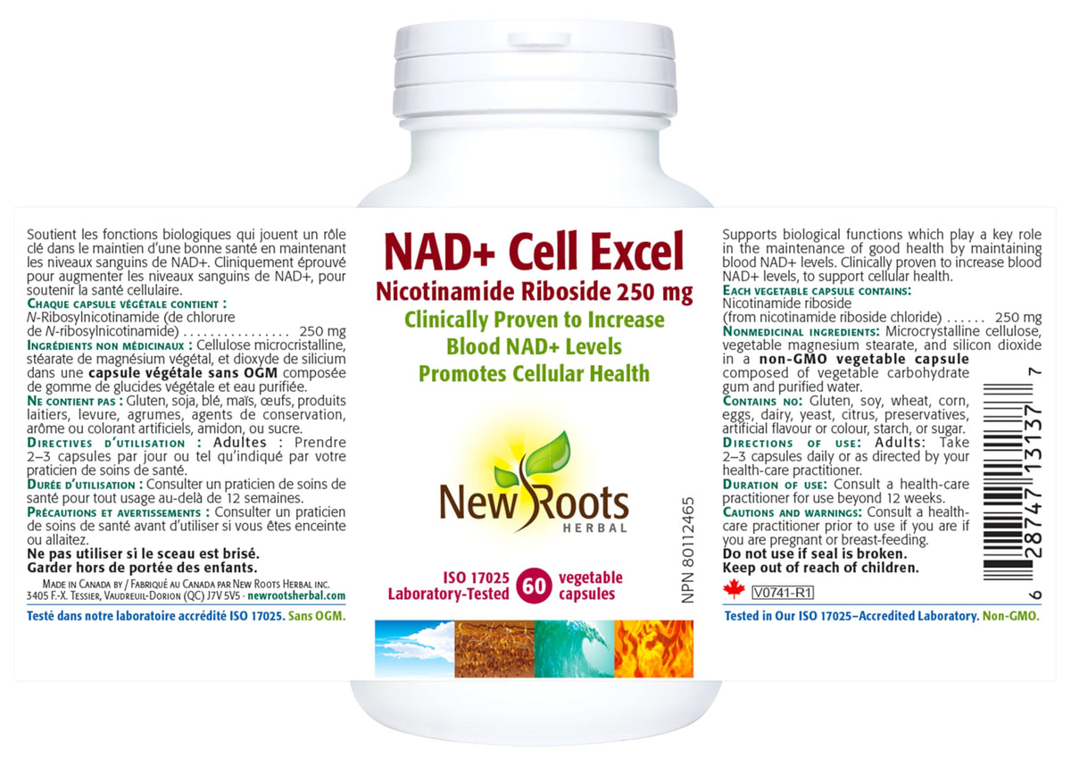 New Roots Herbal NAD+ ExCell, Nicotinamide Riboside 250mg, B3, 60 Veg Caps
