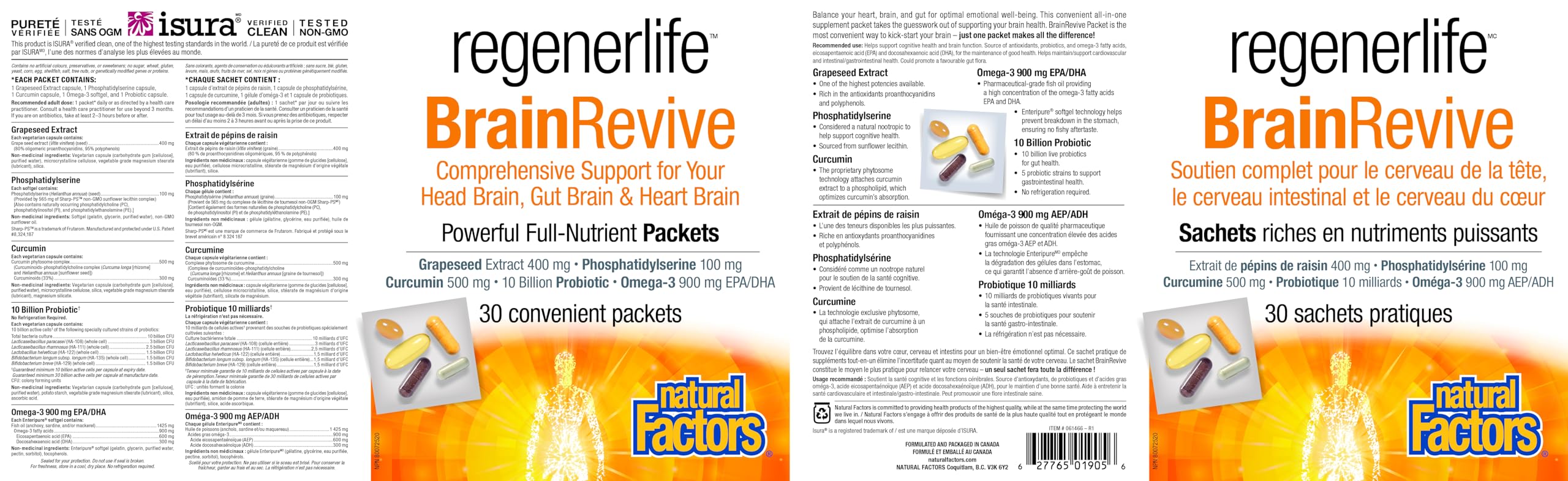 Natural Factors Regenerlife BrainRevive, 30 Convenient Packets, Five-in-One Supplement Kit, Daily Full Nutrient Packets Contain: Phosphatidylserine, Bioavailable Curcumin, Omega 3 EPA/DHA, Grapeseed Extract and High-Potency Five-Strain Probiotics, Support