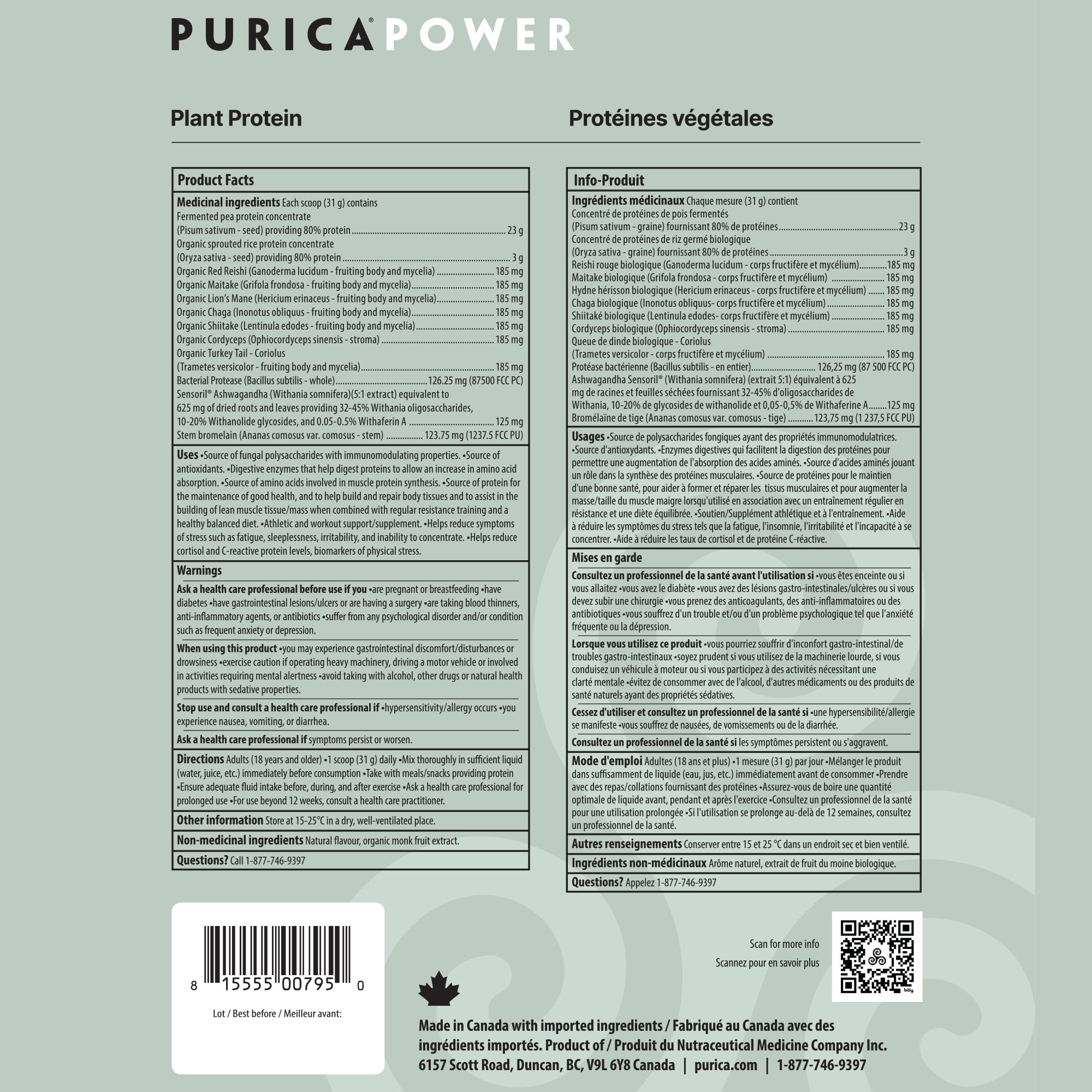 PURICA Plant Isolate Protein +7 Mushrooms & Ashwagandha Powder