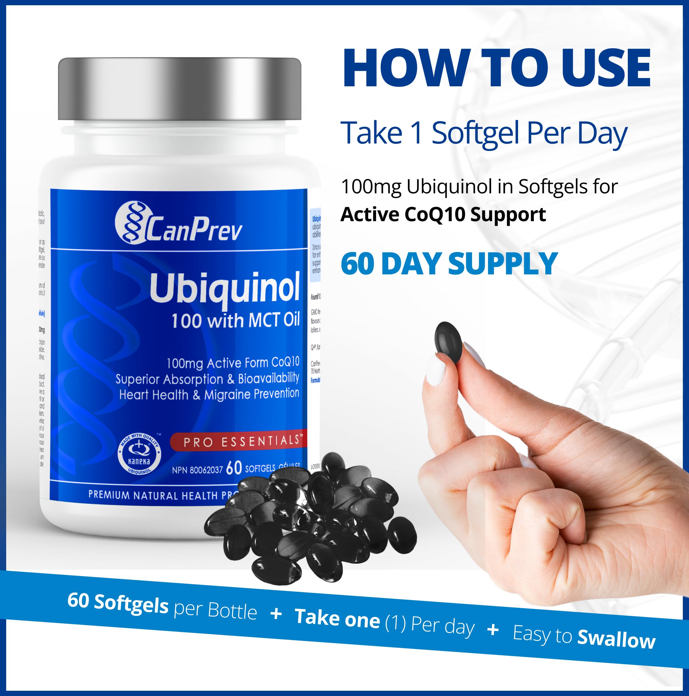 CanPrev Ubiquinol 100mg avec Huile MCT, 60 Gélules, Approvisionnement de 2 Mois, Supplément de CoQ10 pour le Soutien Cardiaque et Cardiovasculaire, Absorption Améliorée, Sans OGM et Sans Gluten, Coenzyme Q10 pour l'Énergie et la Vitalité