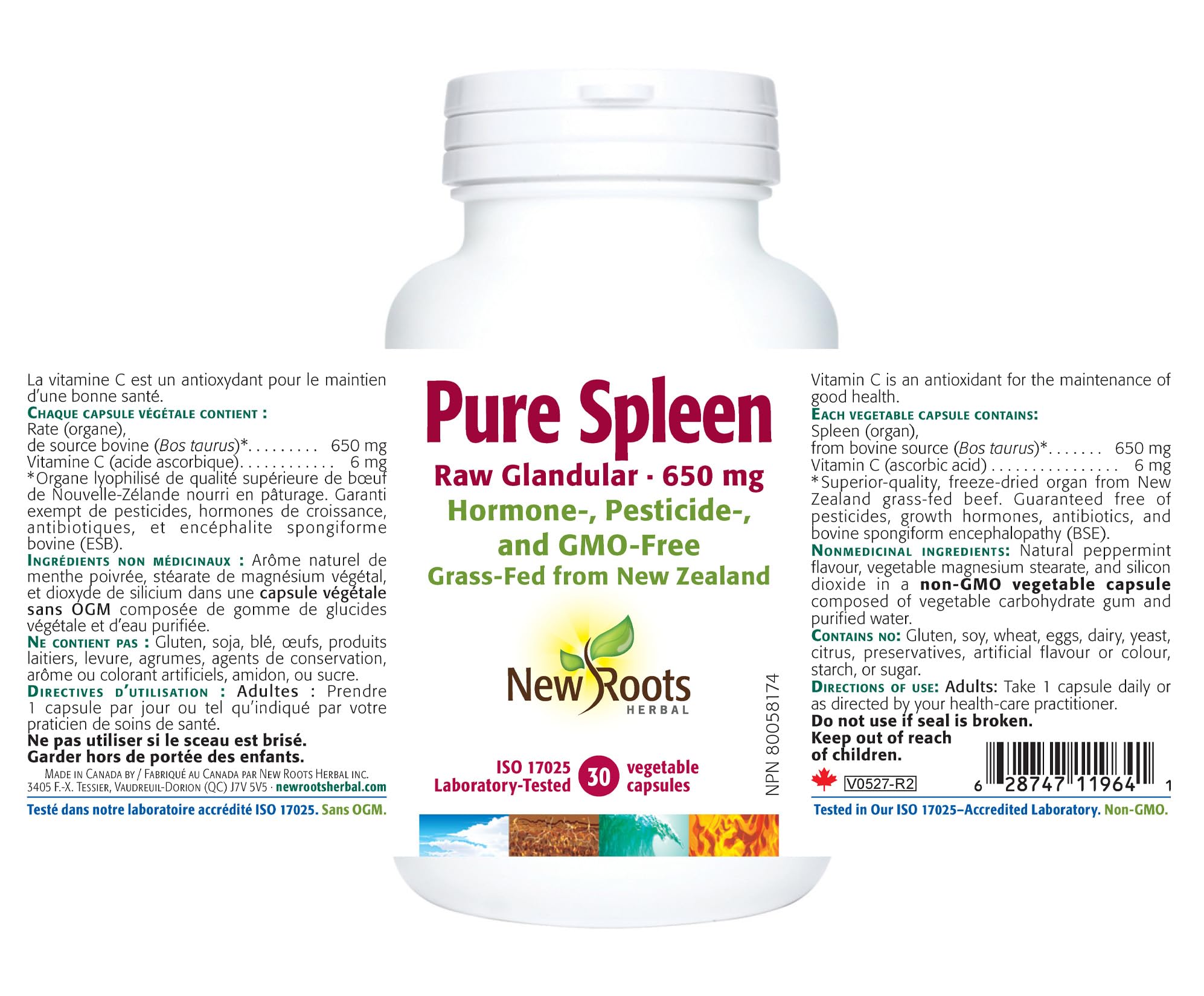 New Roots Herbal Rate de Bœuf Nourri à l'Herbe Glandulaire Pure 650mg