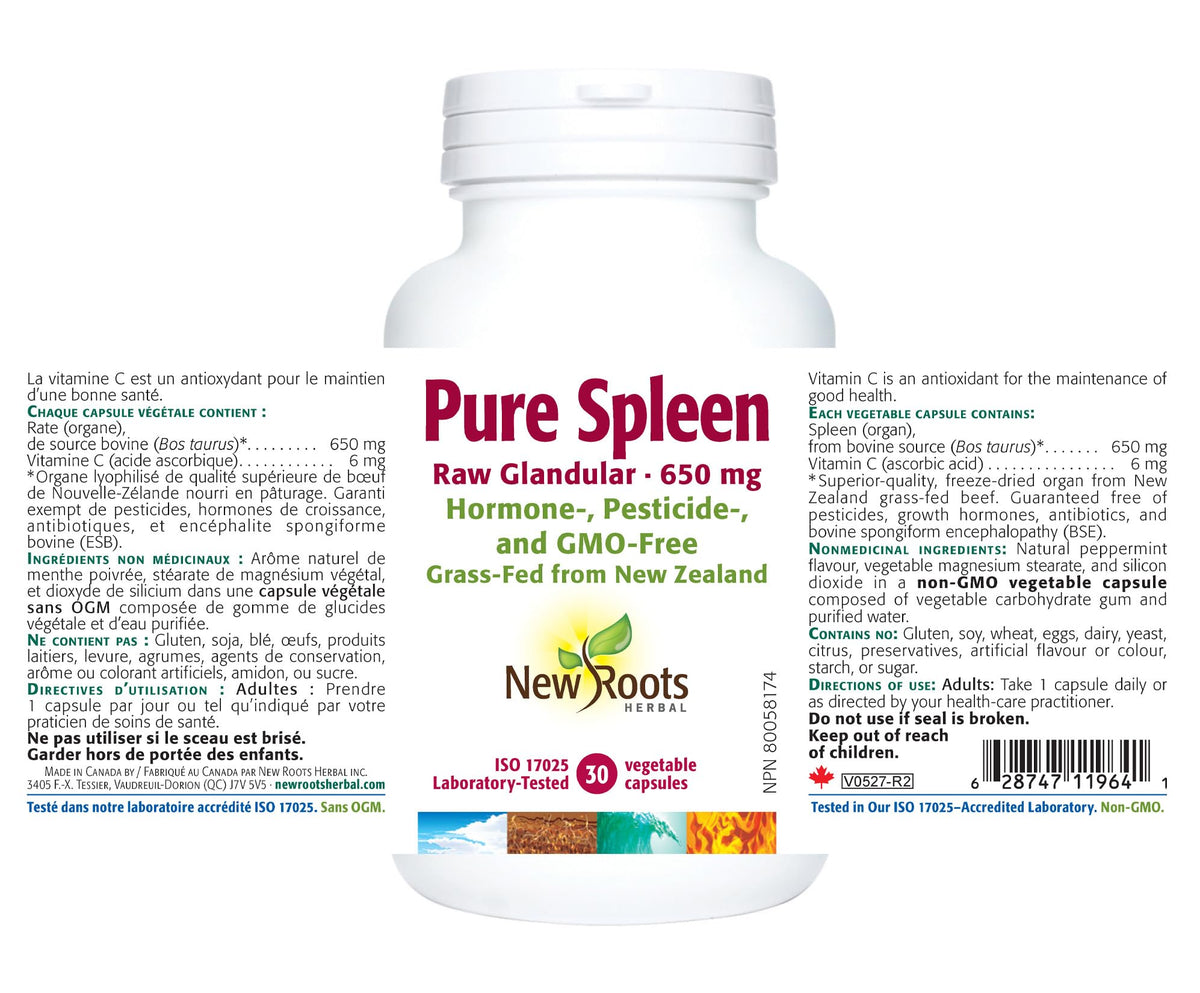 New Roots Herbal Beef Spleen 650mg Capsules, Grass Fed, Non GMO, 30 Pack