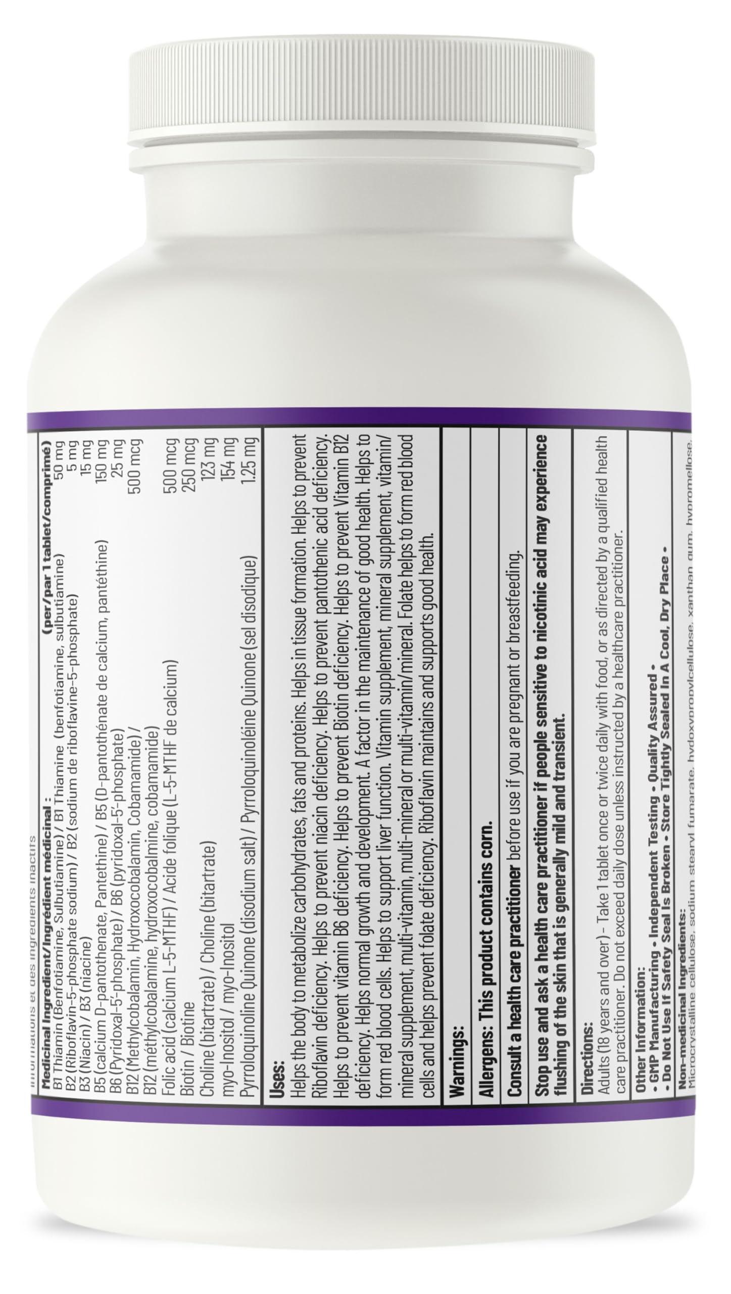 AOR Advanced B Complex Ultra 525mg, 60 comprimés végétaliens, 60 jours d'approvisionnement - Acide folique à libération prolongée, choline, B1, B2, B3, B5, B6, B12 (méthylcobalamine) et inositol - Favorise l'énergie, la concentration et la clarté mentale