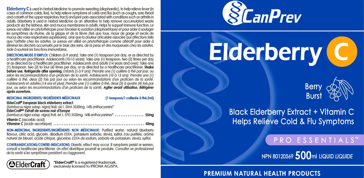 CanPrev Elderberry C Liquid, Adults & Kids 5+, Sugar Free, Vitamin C, 500ml