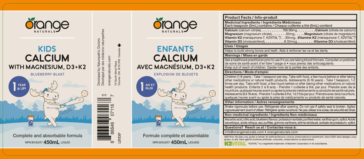 Orange Naturals Kids Calcium Magnesium D3 K2 Liquid, Blueberry Blast, 450ml
