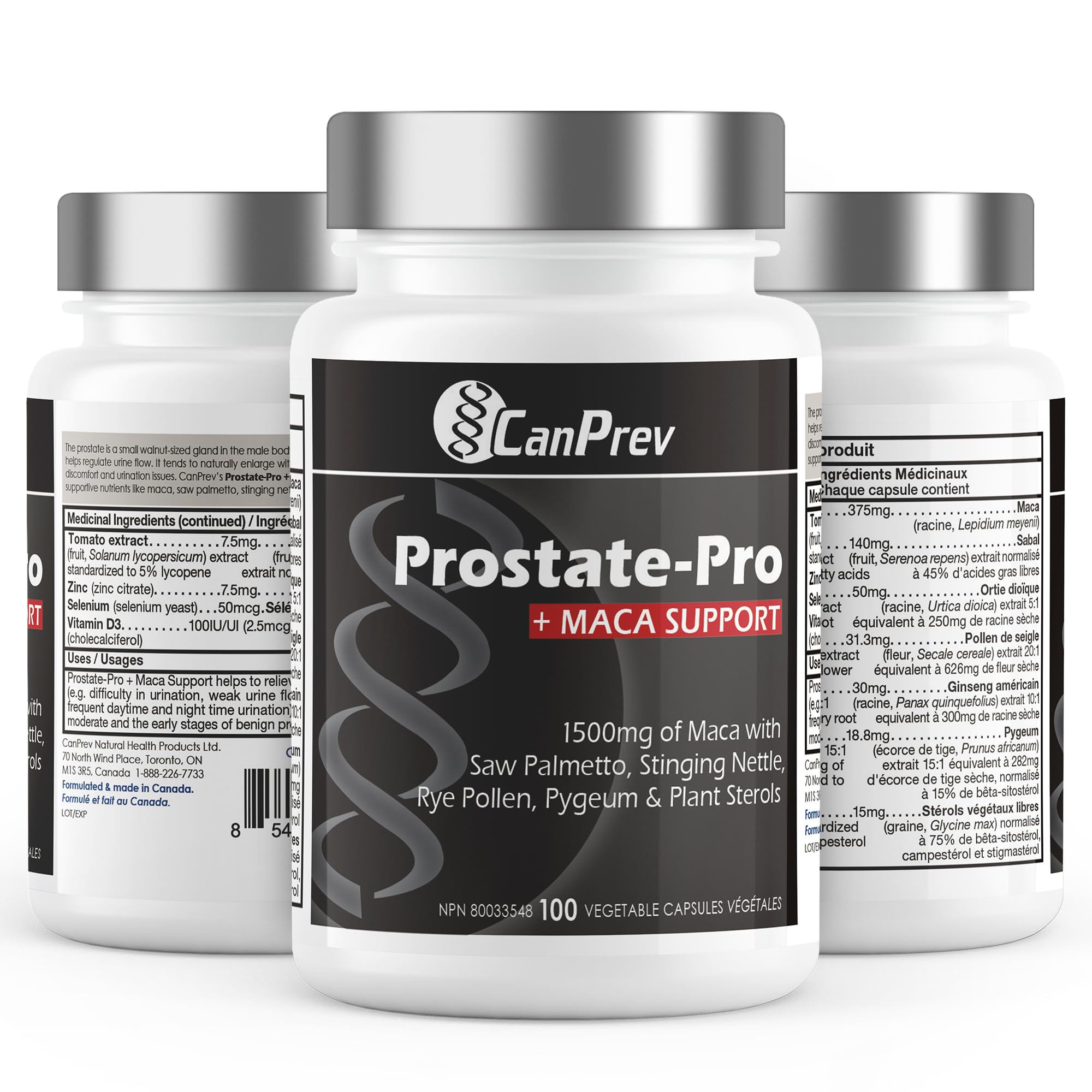 CanPrev Prostate-Pro + Maca Support - 100 V-Capsules - Formule de soutien de la prostate pour hommes - Favorise le bien-être de la prostate - Avec vitamine D3 et citrate de zinc - Aide à réduire la fréquence des mictions