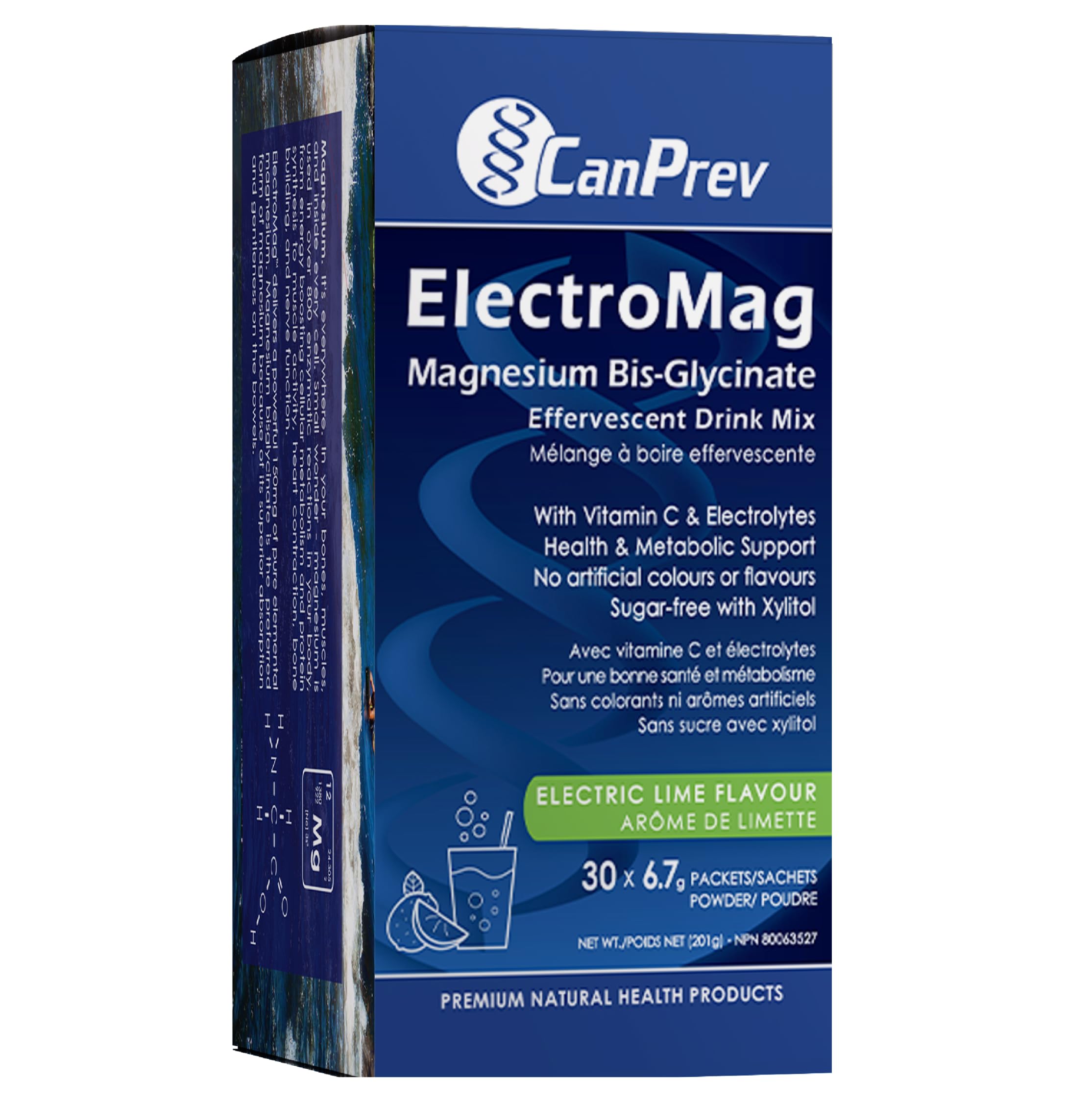 CanPrev ElectroMag Boîte de boisson effervescente, 30 sachets pour 30 jours - Saveur citron-vert, bisglycinate de magnésium pur avec électrolytes et vitamine C, poudre de xylitol sans sucre pour l'hydratation et l'énergie